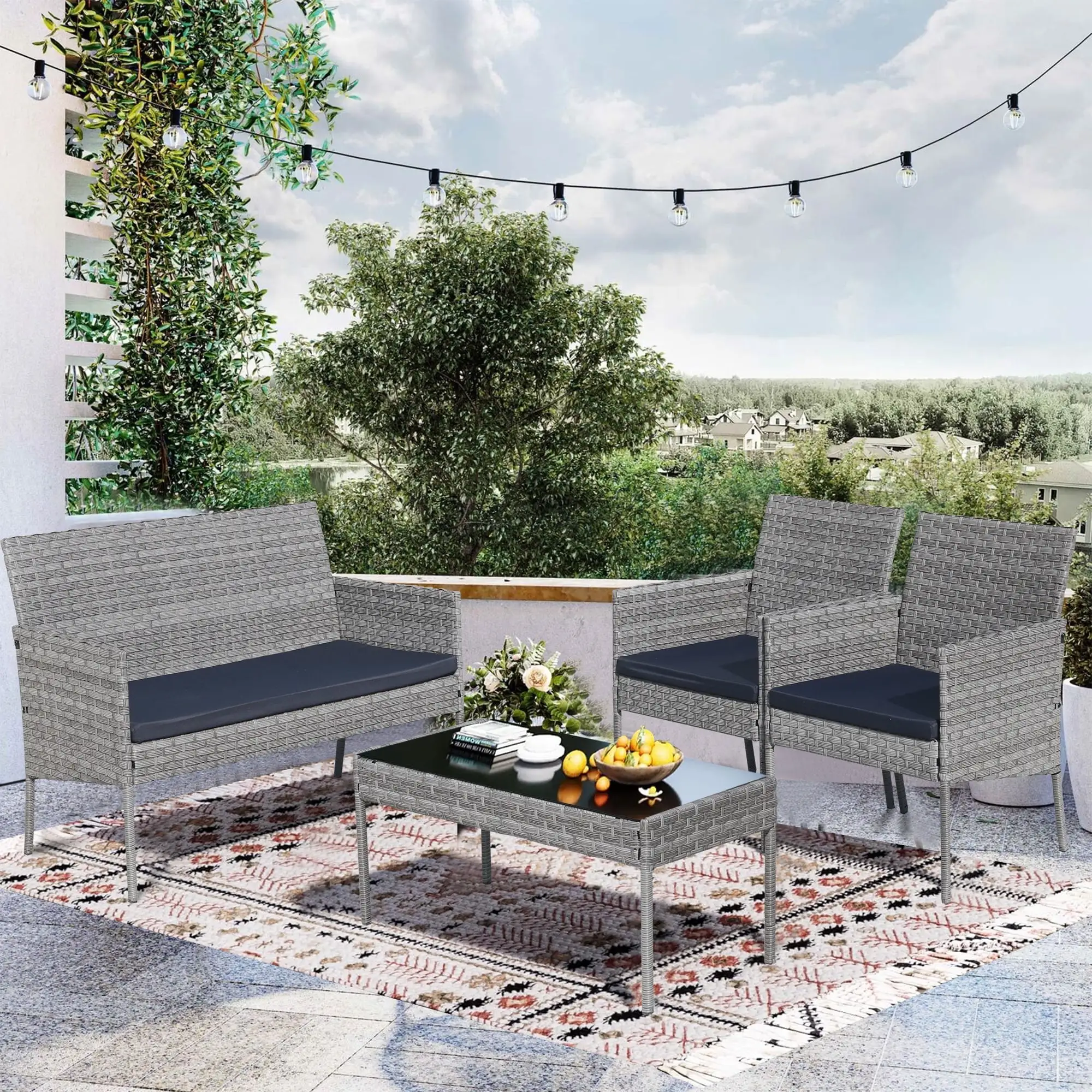 Seizeen Patio Furniture Set on Sale. 4 Piece Rattan Wicker Outdoor Balcony Furniture. Cushioned Patio Conversation Set with Chairs & Table for Porch Lawn