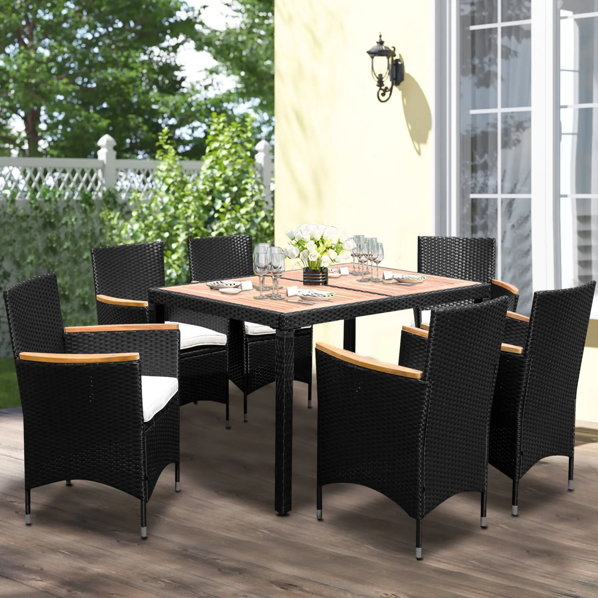 Sesslife Patio Dining Sets. 7 Piece Outdoor Table and Chairs. PE Wicker Furniture Dining Set with Acacia Wood Table and Washable Cushions. Black Rattan + Beige Cushion