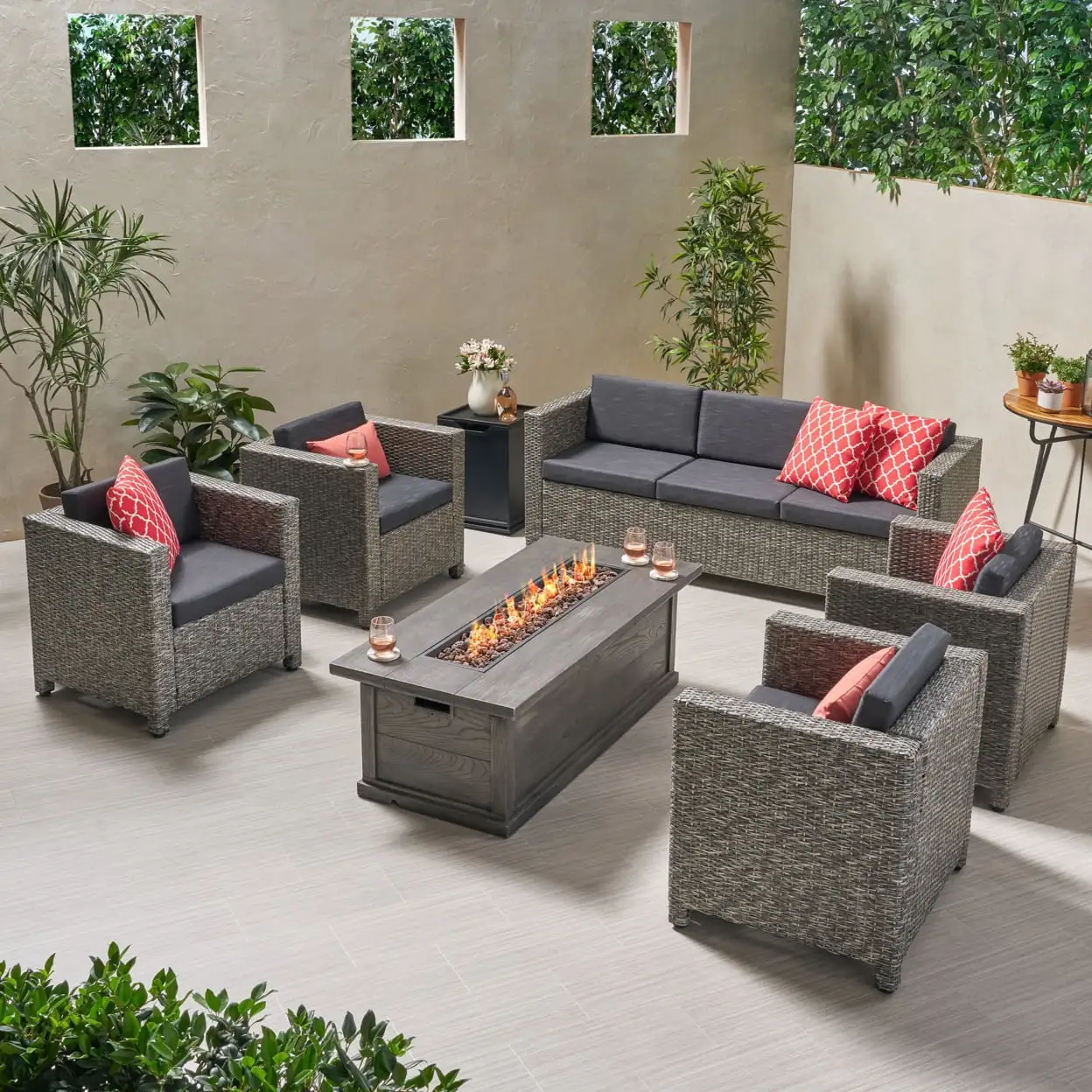 Simona Outdoor 7 Seater Wicker Chat Set with Fire Pit. Mix Black and Dark Gray