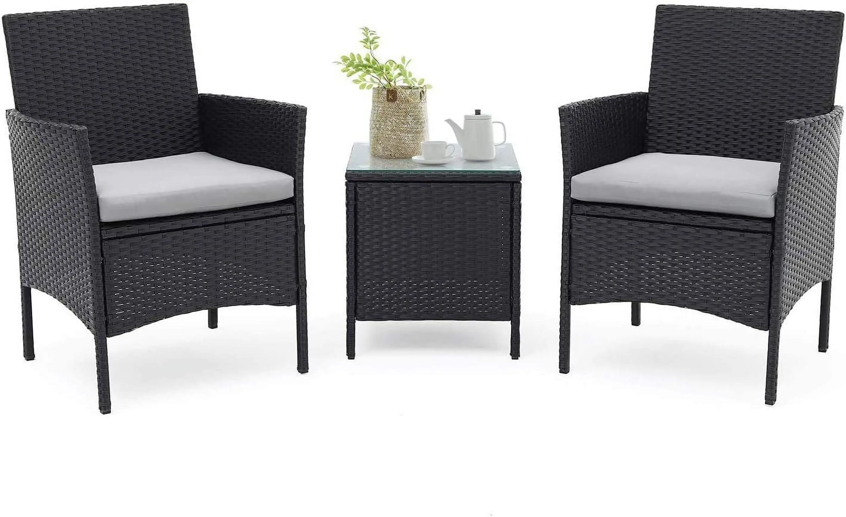 Skiway 3 Pieces Patio Bistro Set Outdoor Black Wicker Furniture Chairs Garden Conversation Set with Glass Top Coffee Table (Black/Grey)