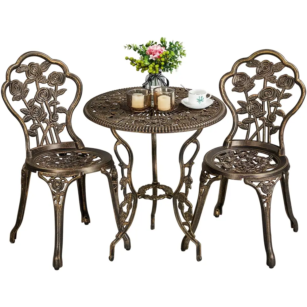 SmileMart 3-Piece Rose Pattern Metal Outdoor Bistro Set with Umbrella Hole. Bronze