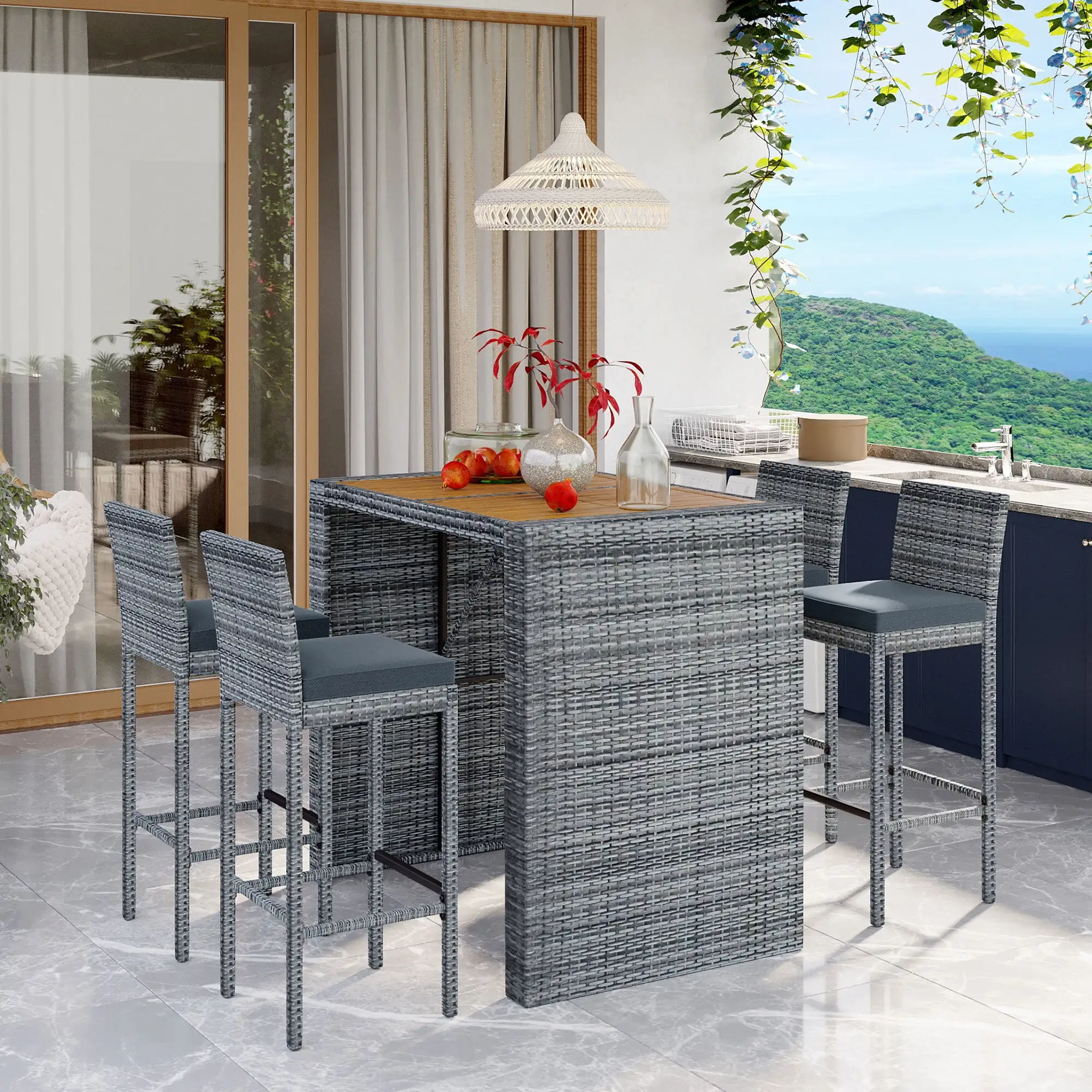 Soges 5-pieces Outdoor Patio Wicker Bar Set. Bar Height Chairs with Removable Cushion. Acacia Wood Table Top. Gray