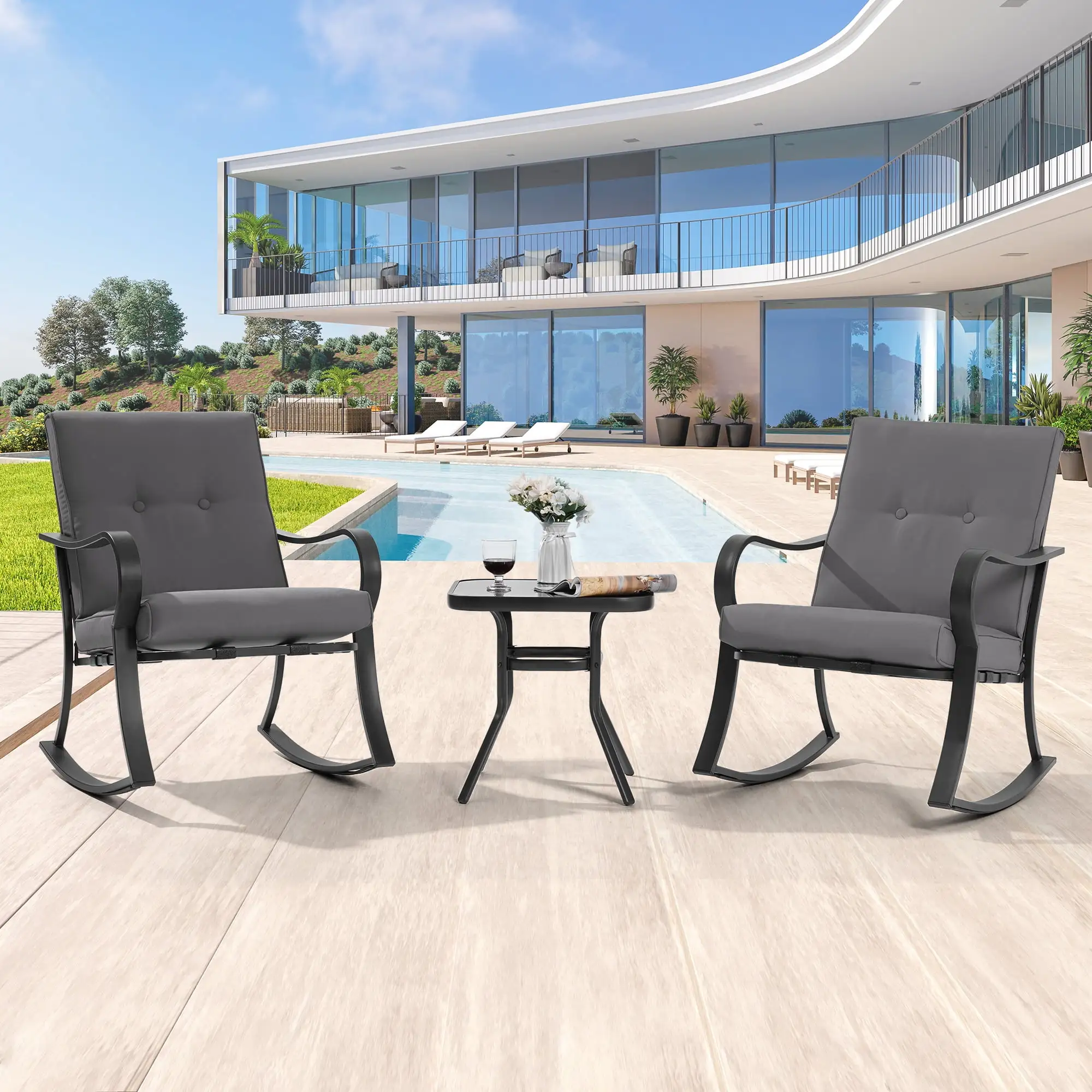 Sonerlic 3 Pcs Outdoor Patio Steel Leisure Rocking Chairs Sets with Sponge Cushions and Side Table. Gray