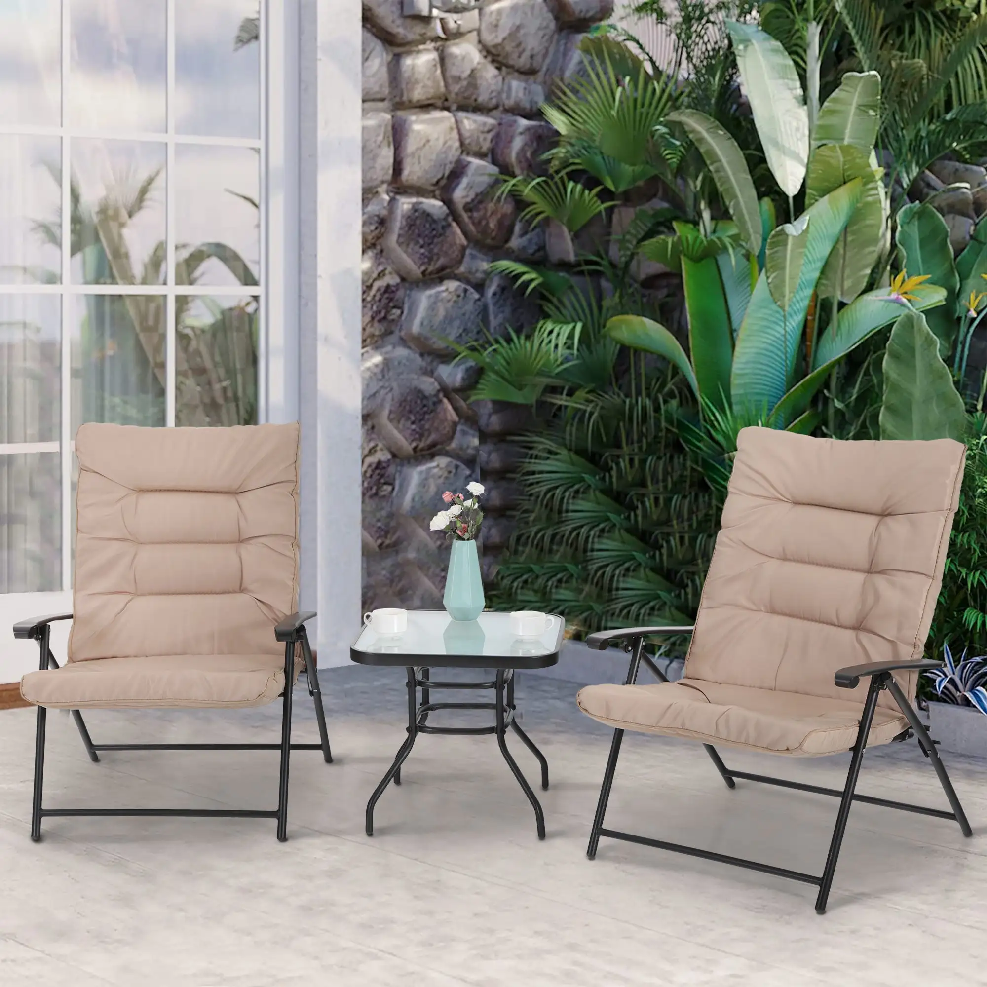 Sophia & William 3 PCS Outdoor Patio Bistro Set 2 Reclining Lounge Chairs and 1 Table - Beige