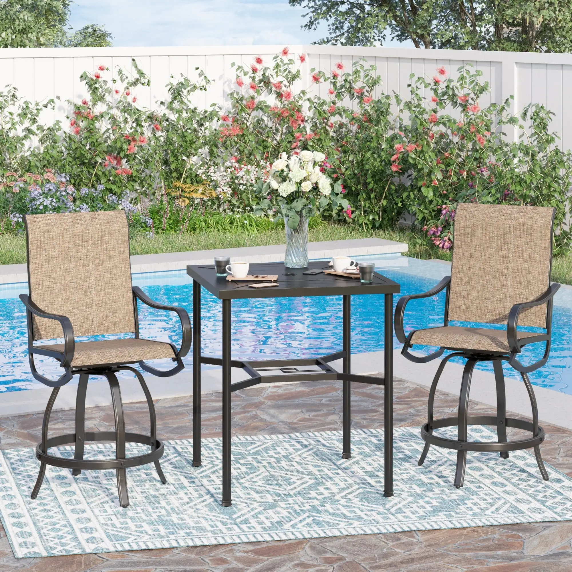 Sophia & William 3 Pieces Patio Outdoor Metal Bar Stools and Table Set Textilene Furniture Set