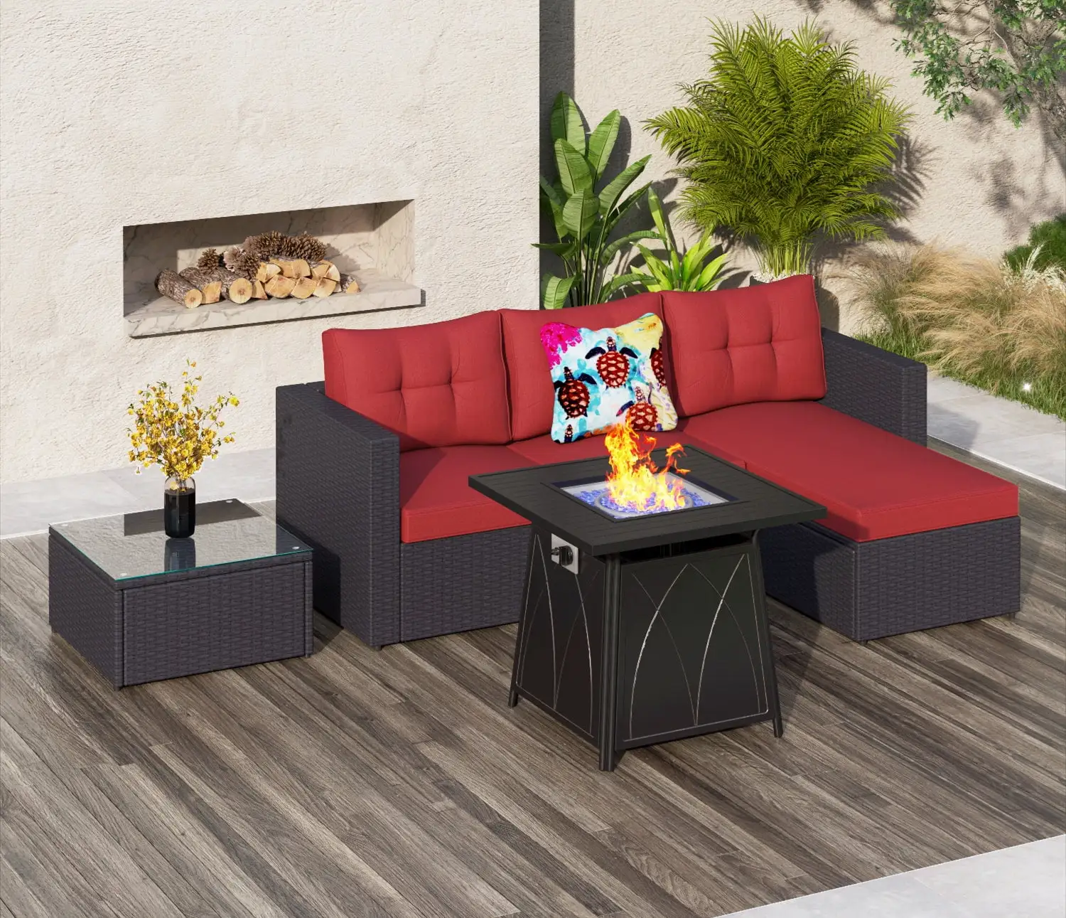 Sophia & William 4-Piece Wicker Patio Conversation Set with Fire Pit Table - Red