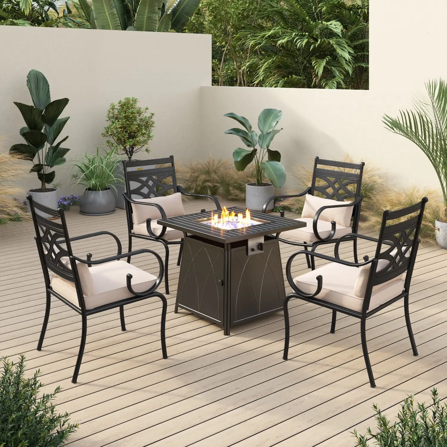 Sophia & William 5-Piece Outdoor Patio Dining Set 50.000 BTU Fire Pit Table and Cushioned Chairs