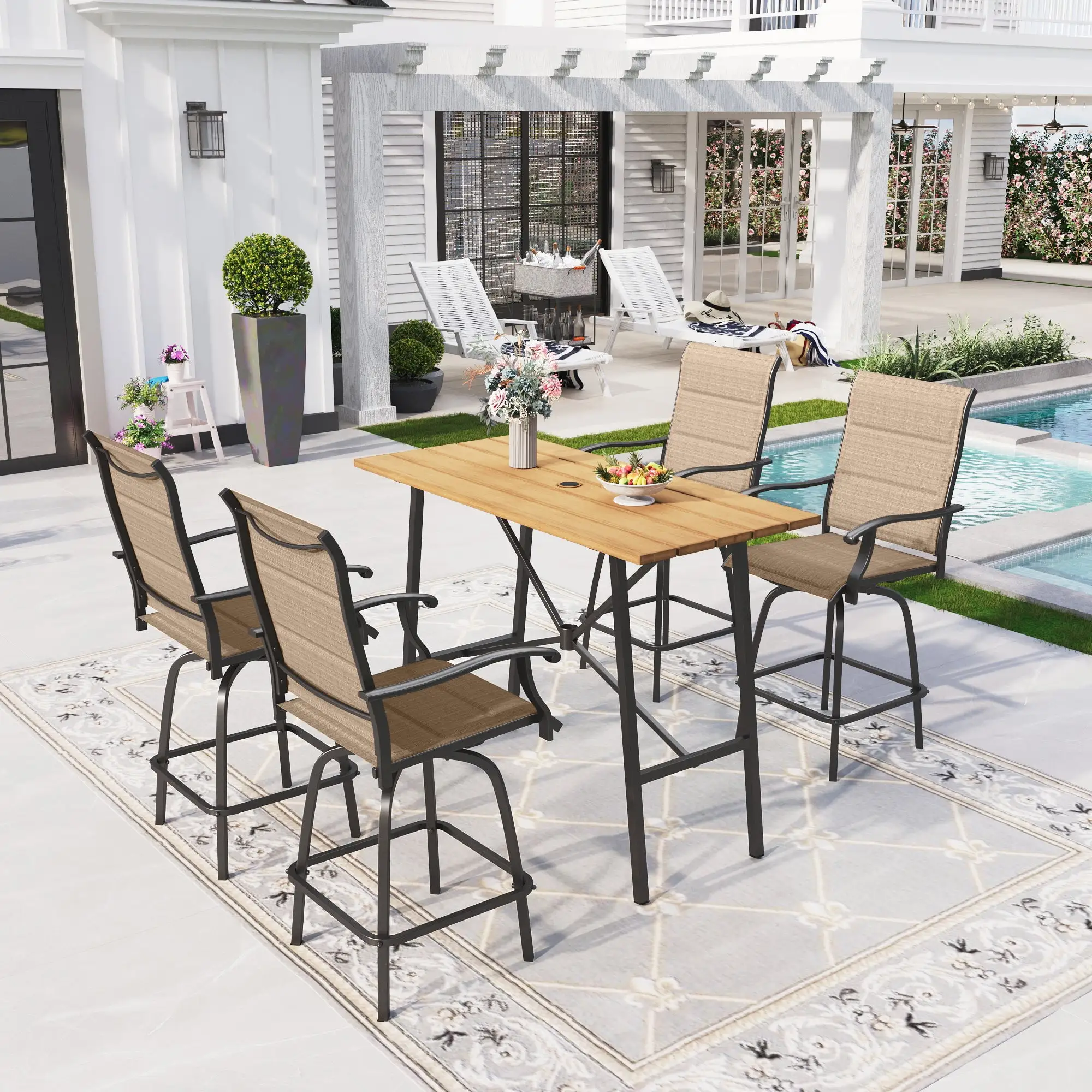 Sophia & William 5 Piece Patio Bar Set Outdoor Furniture Set with Padded Textilene Swivel Stools & Height Table.Brown