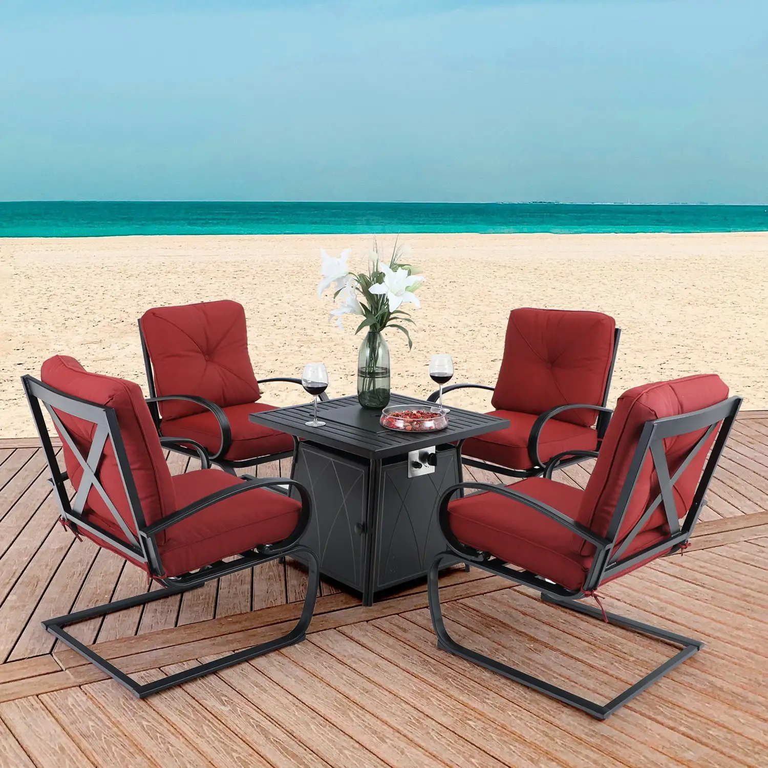 Sophia&William 5-Piece Patio Dining Set Padded C-Spring Chairs & 50.000BTU Fire Pit Table Set