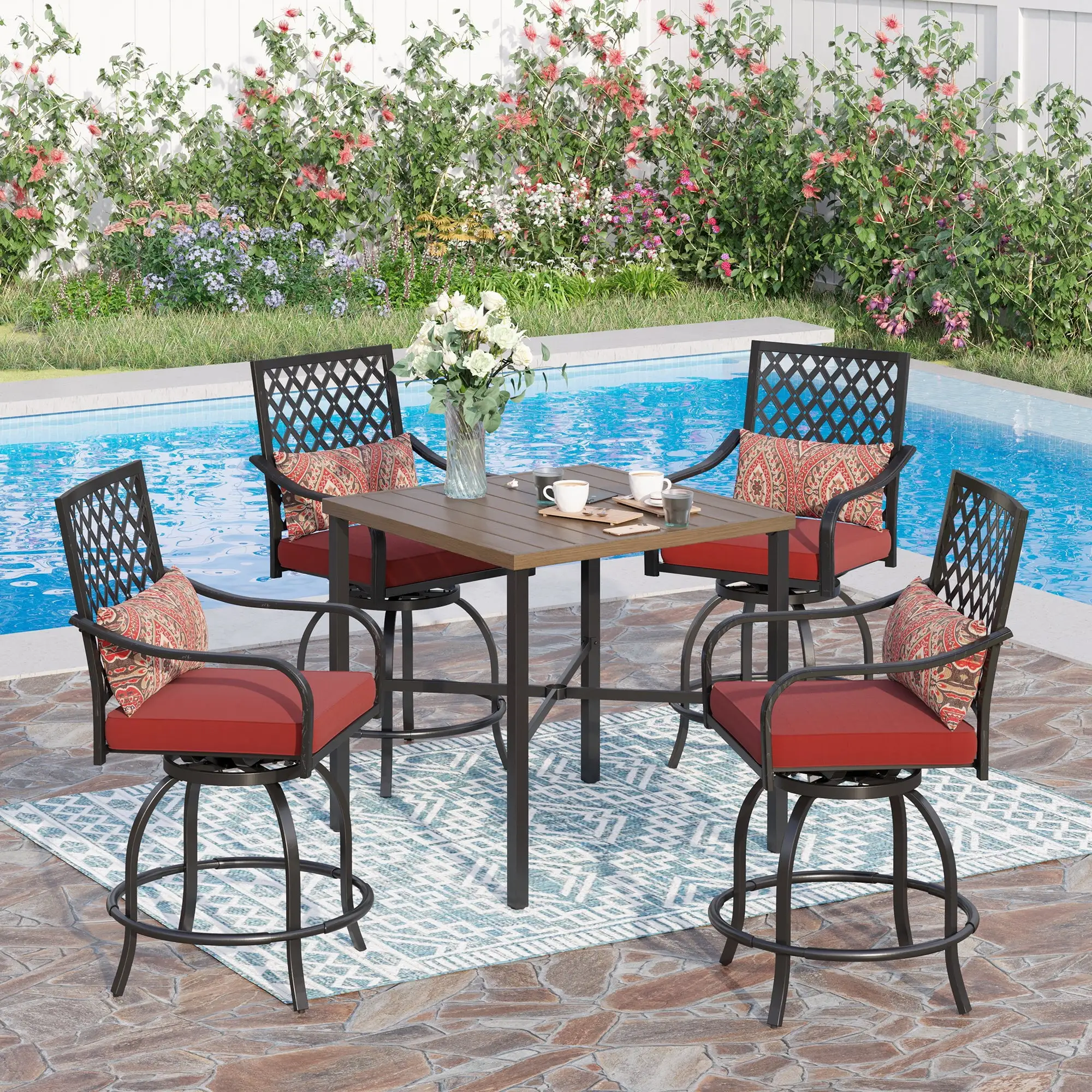 Sophia & William 5 Piece Patio Outdoor Bar Height Table Set and Cushioned Swivel Stools. Umbrella Hole