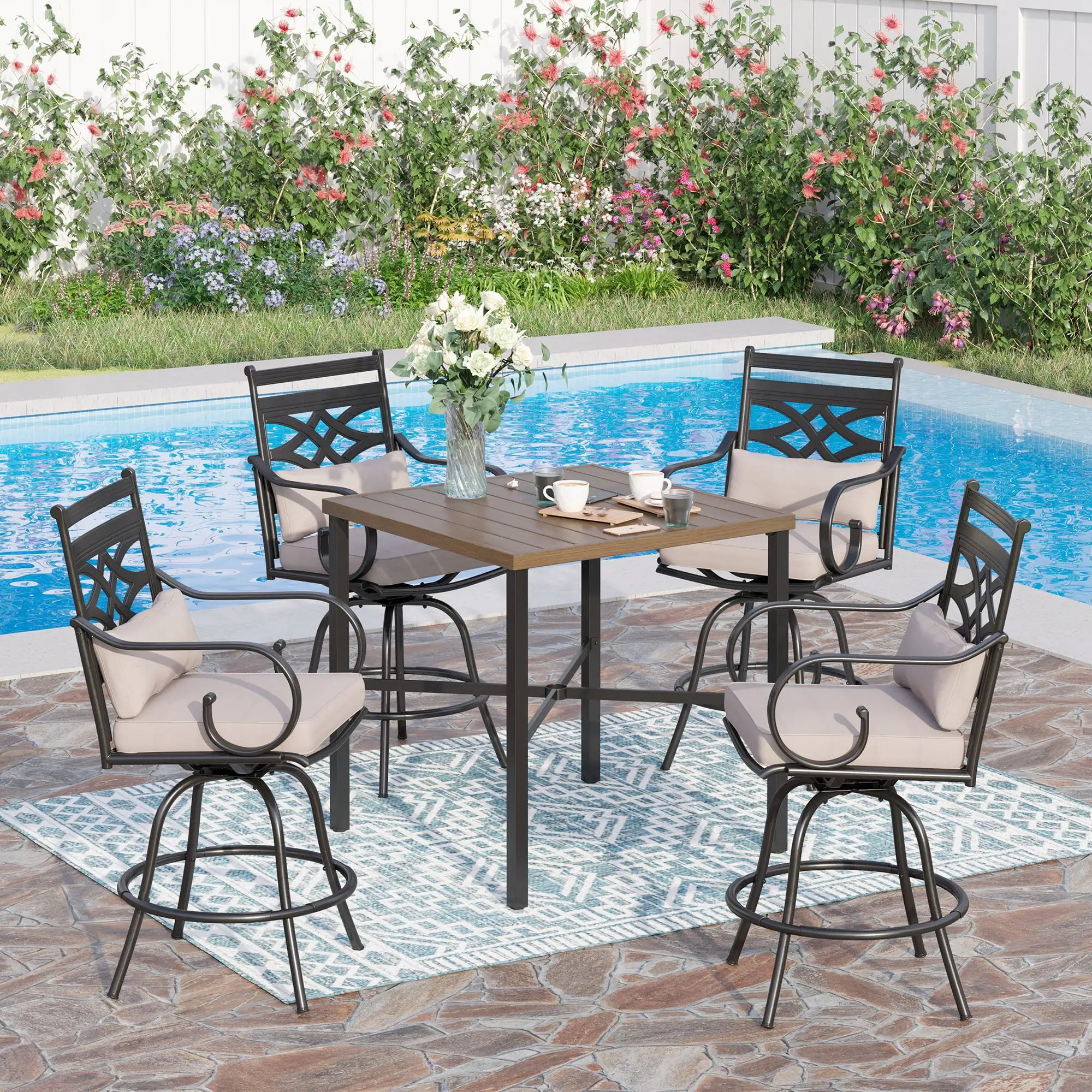 Sophia & William 5 Piece Patio Outdoor Bar Swivel Stool Set and Square Height Table. Cushioned Chairs