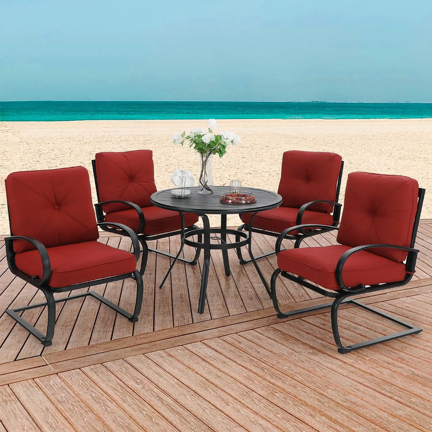 Sophia&William 5-Piece Patio Outdoor Dining Set C-spring Padded Rocking Chair & Round Table Set