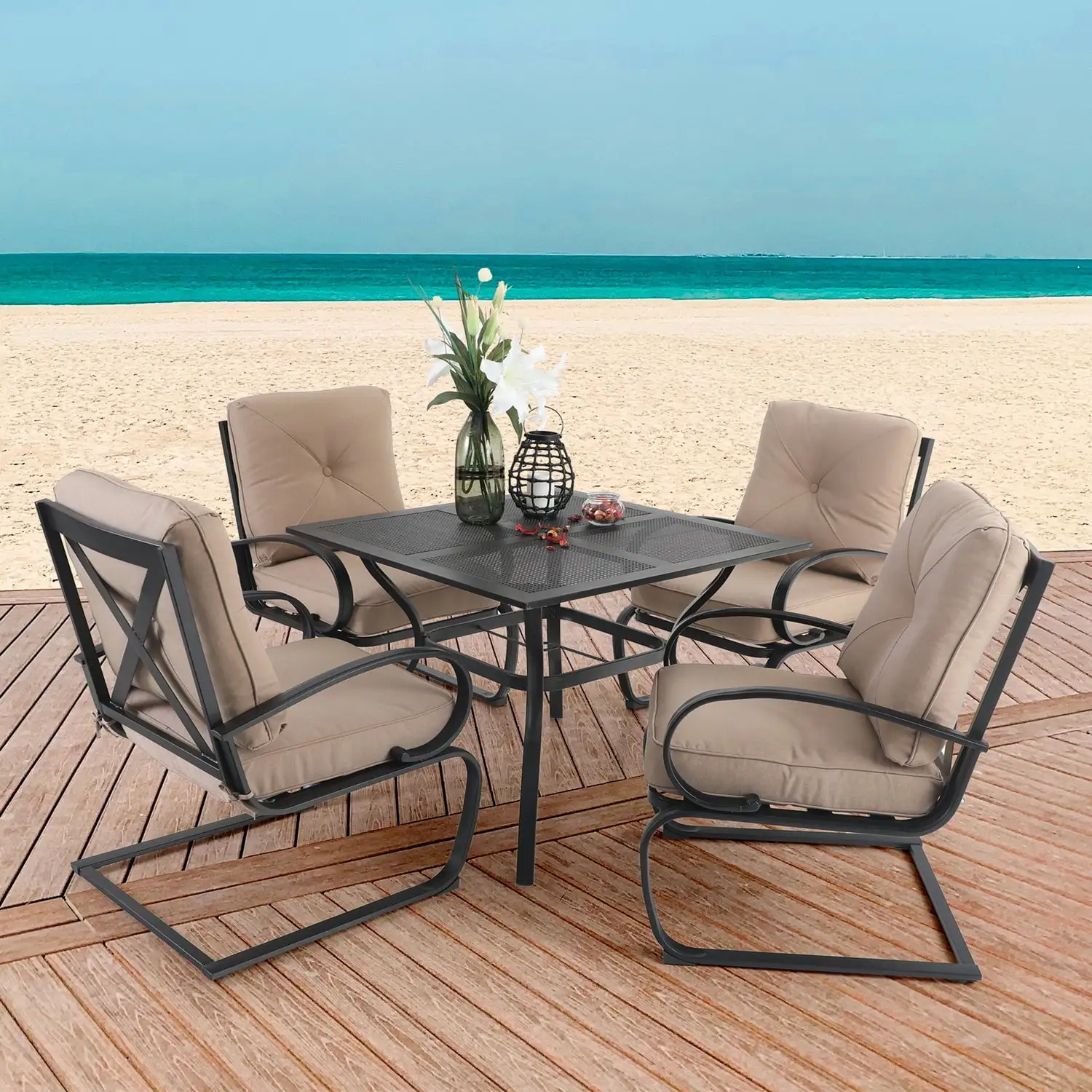 Sophia&William 5-Piece Patio Outdoor Dining Set C-spring Padded Rocking Chair & Square Table Set