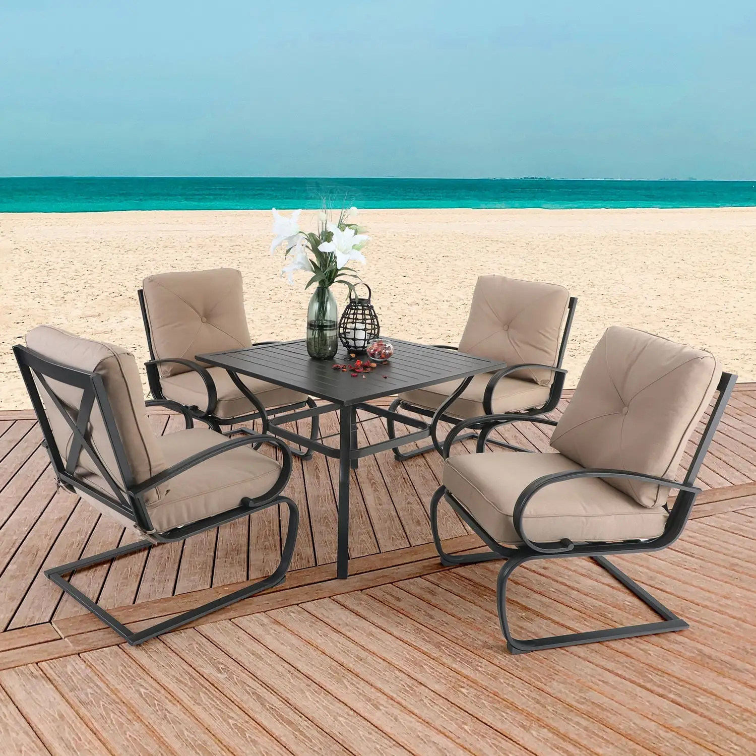 Sophia&William 5-Piece Patio Outdoor Dining Set C-spring Padded Rocking Chair & Square Table Set