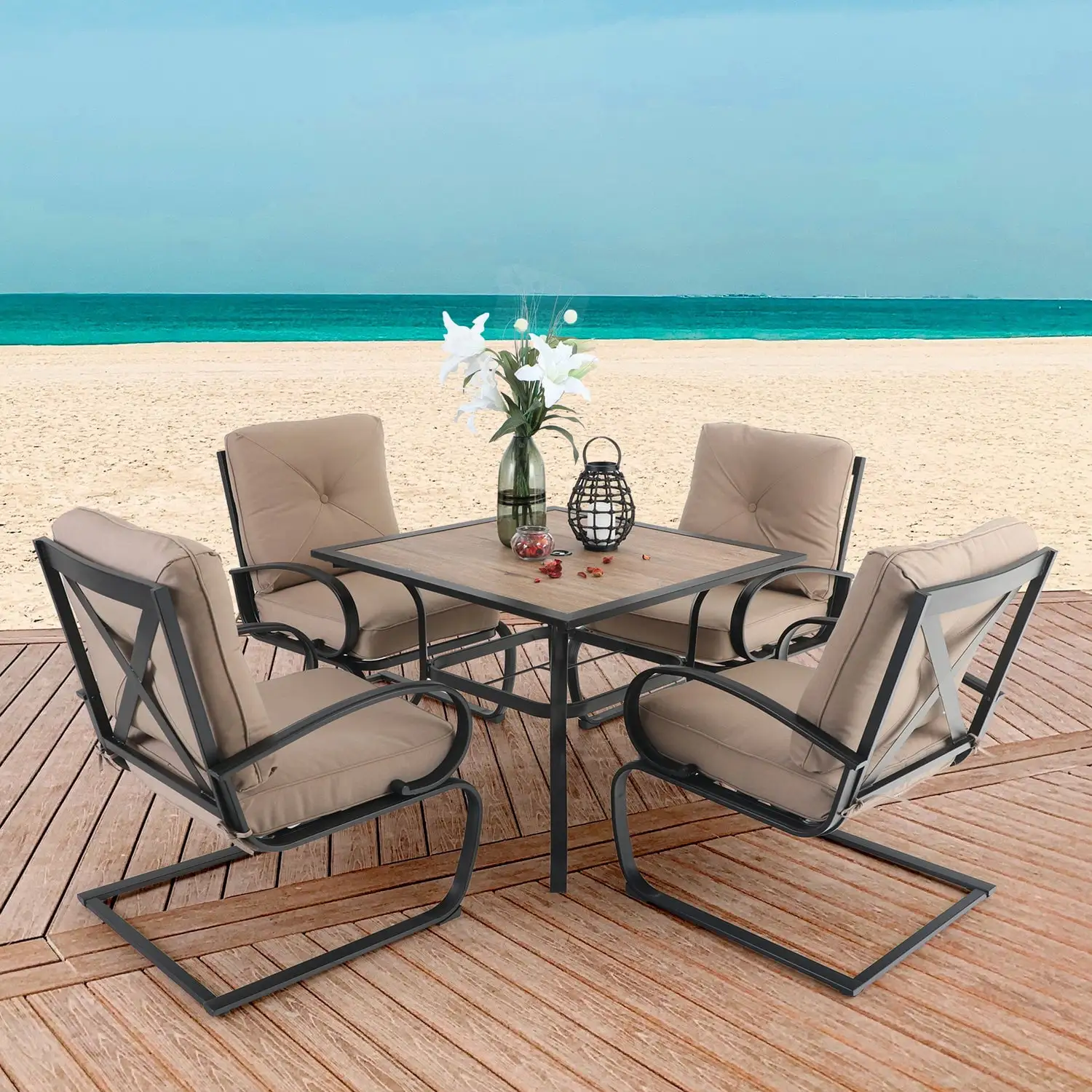 Sophia&William 5-Piece Patio Outdoor Dining Set C-spring Padded Rocking Chair & Square Teak Wood Table Set