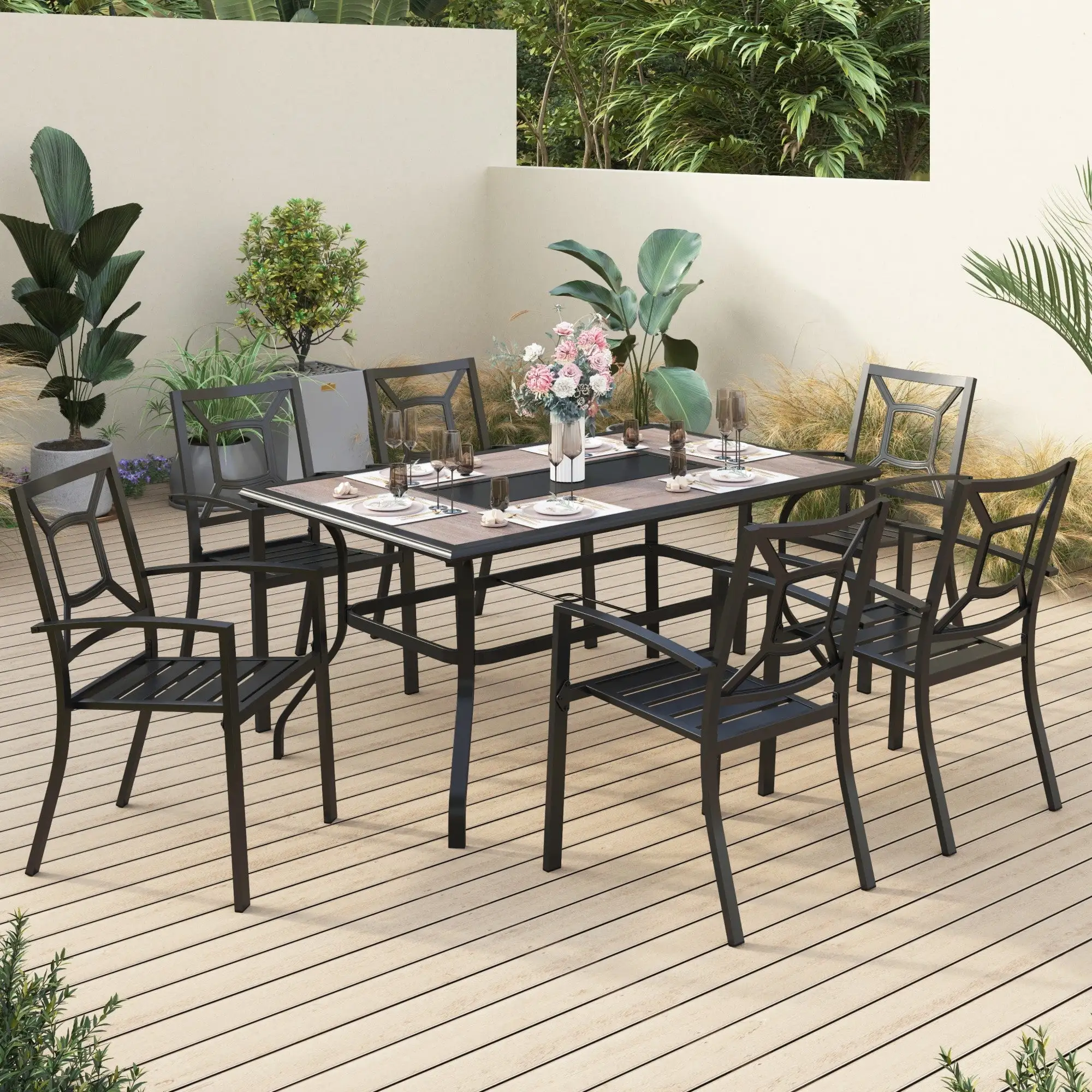 Sophia & William 7 Peices Outdoor Patio Dining Set Metal Chairs and Wooden-like Table Set