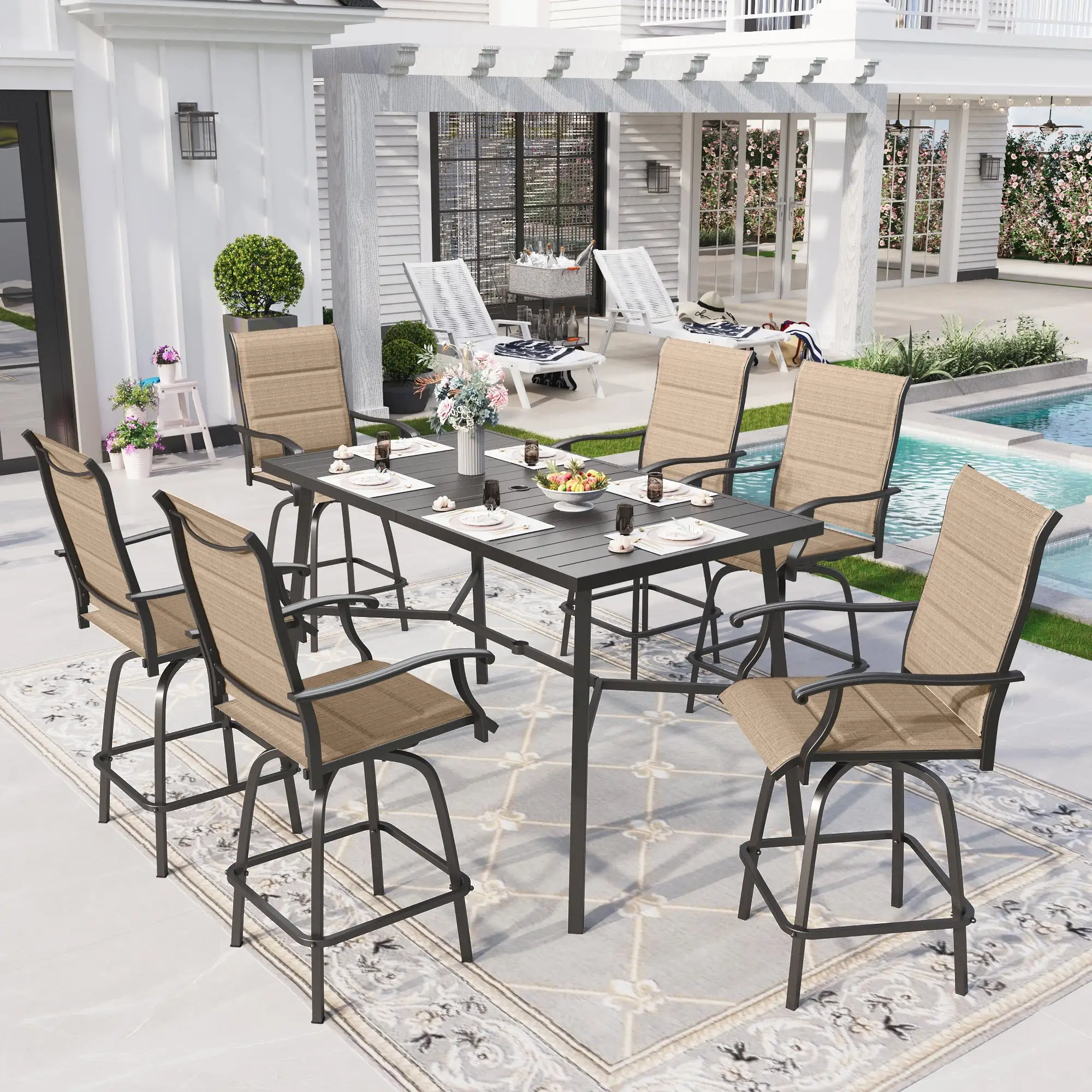 Sophia & William 7 Piece Patio Bar Set outdoor Padded Textilene Swivel Stool Furniture Set and Table