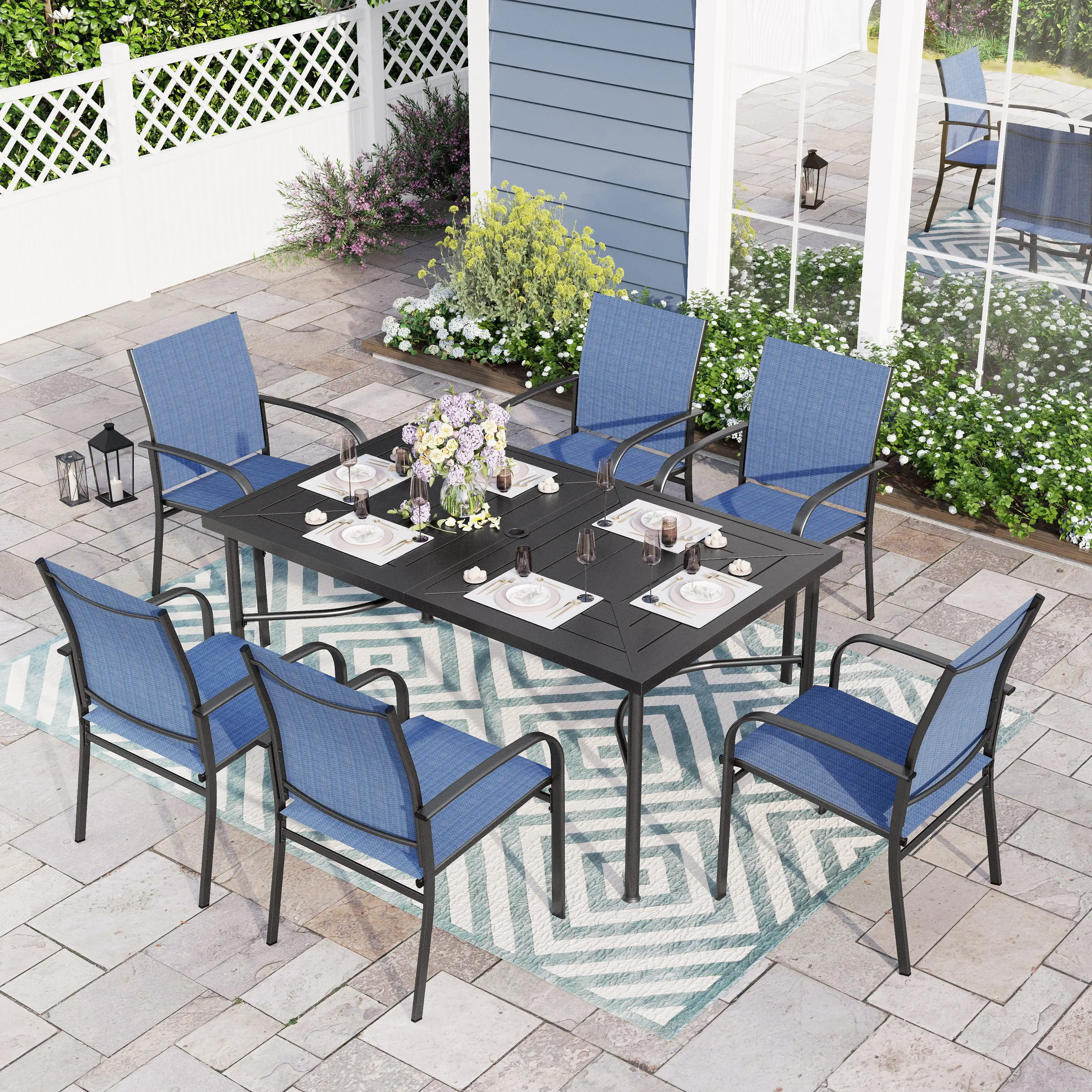 Sophia & William 7 Piece Patio Metal Dining Set Rectangular Patio Dining Table and 6 Blue Textilene Chairs