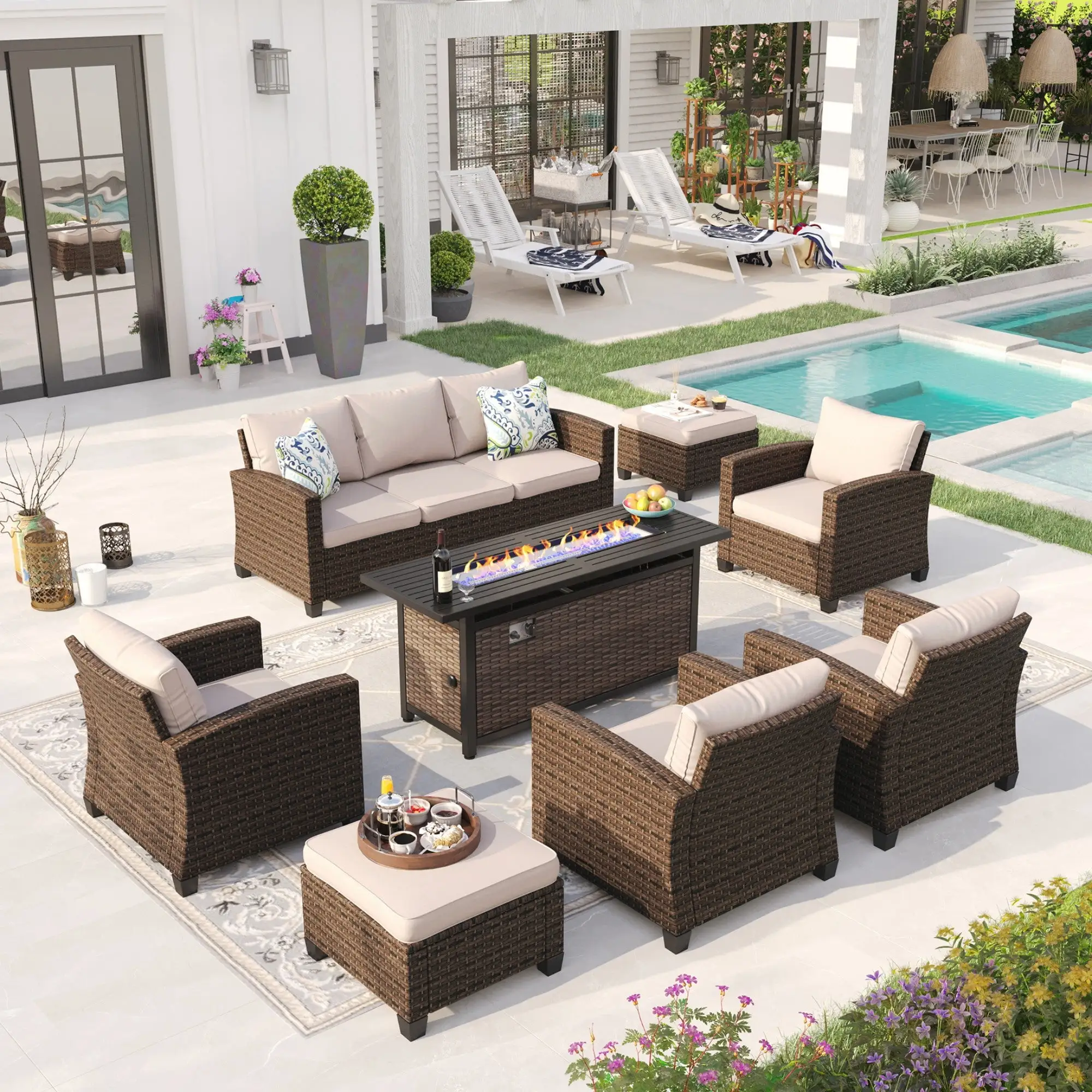 Sophia & William 8 Pieces Wicker Patio Furniture Set 9-Seat Outdoor Conversation Set with 56 Fire Pit Table. Beige