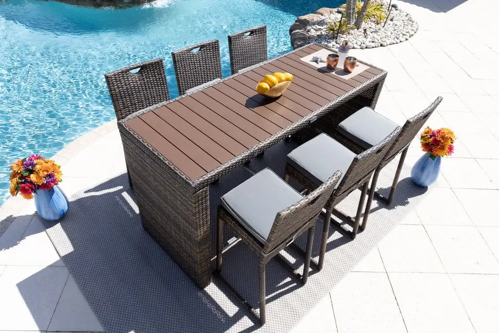 Sorrento 7-Piece Resin Wicker Outdoor Patio Furniture Bar Set in Brown w/Bar Table and Six Bar Chairs (Flat-Weave Brown Wicker. Polyester Light Gray)