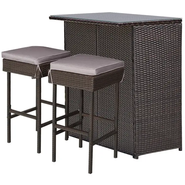 Spaco 3 Pieces Patio Rattan Wicker Bar Table Stools Dining Set for Kitchen Dining Room. Gray & Off White