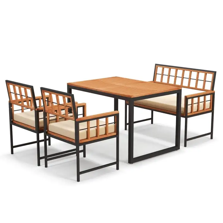 Spaco 4 Pieces Acacia Wood Patio Dining Set with 1 Rectangular Table-Natural. Furniture Conversation Sets. Coffee Table for Garden. Poolside. Backyard