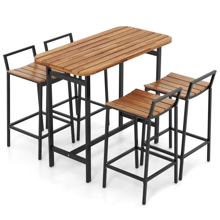 Spaco 5 Piece Acacia Wood Bar Table Set Bar Height Table and Chairs with Metal Frame and Footrest. Furniture Conversation Sets. Coffee Table for Garden. Poolside. Backyard