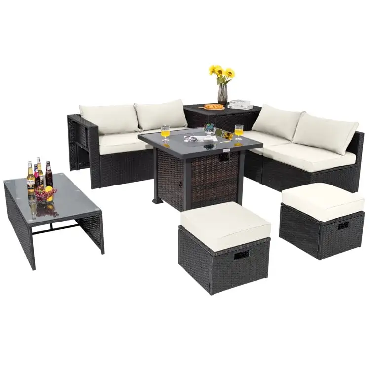 Spaco 9 Pieces Patio Furniture Set with 32 Fire Pit Table and 50000 BTU Square Propane Fire Pit-White. Wicker Furniture Conversation Sets. Coffee Table for Garden. Poolside. Backyard