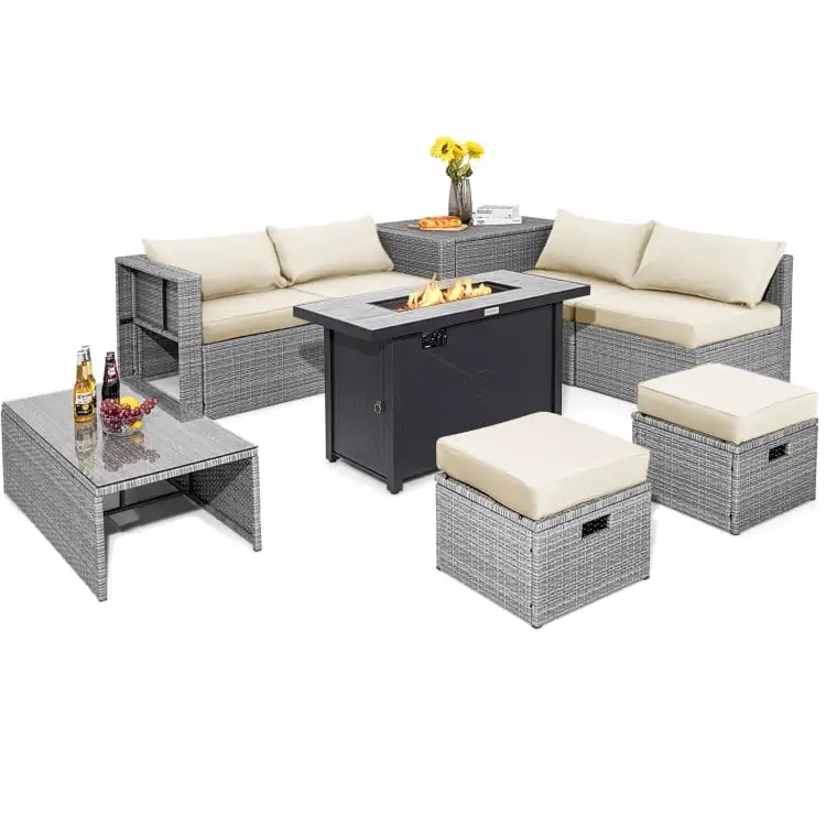 Spaco 9 Pieces Patio Furniture Set with 42 Inches 60000 BTU Fire Pit-White. Wicker Furniture Conversation Sets. Coffee Table for Garden. Poolside. Backyard