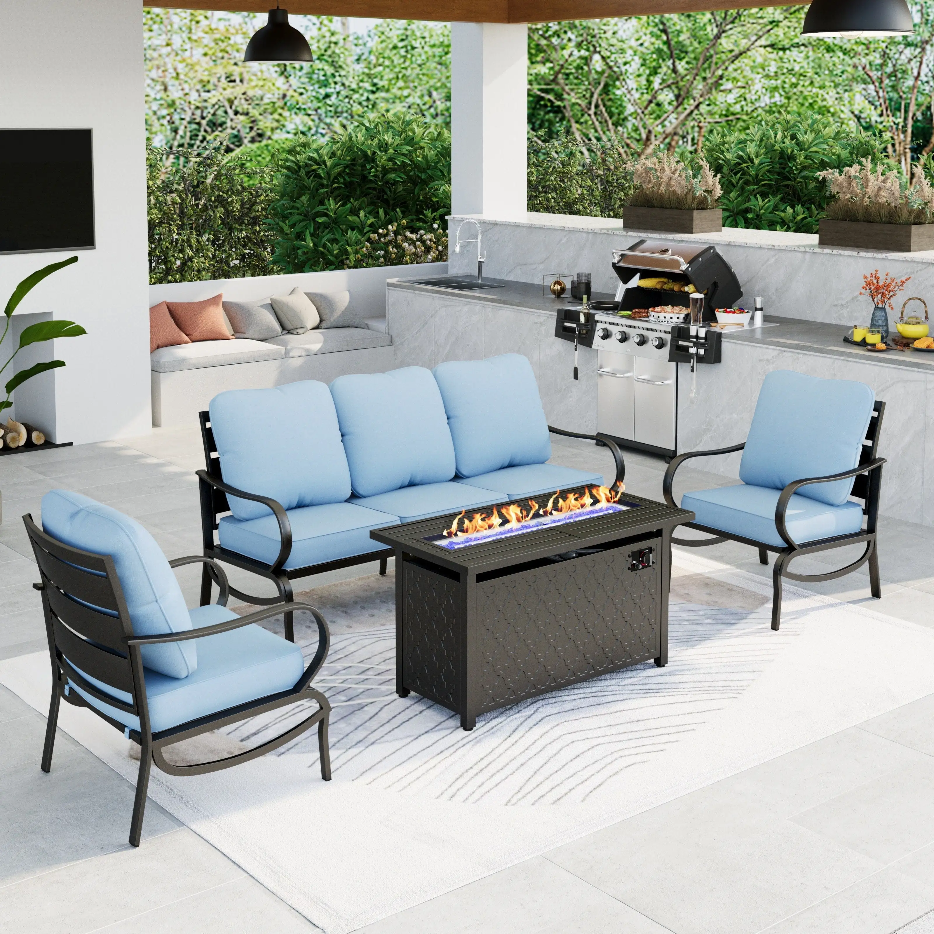 Summit Living 4 Pieces Patio Conversation Set with 45 Fire Pit Table Outdoor Furniture Steel Sectional Sofa for 5 Person. Beige Cushions