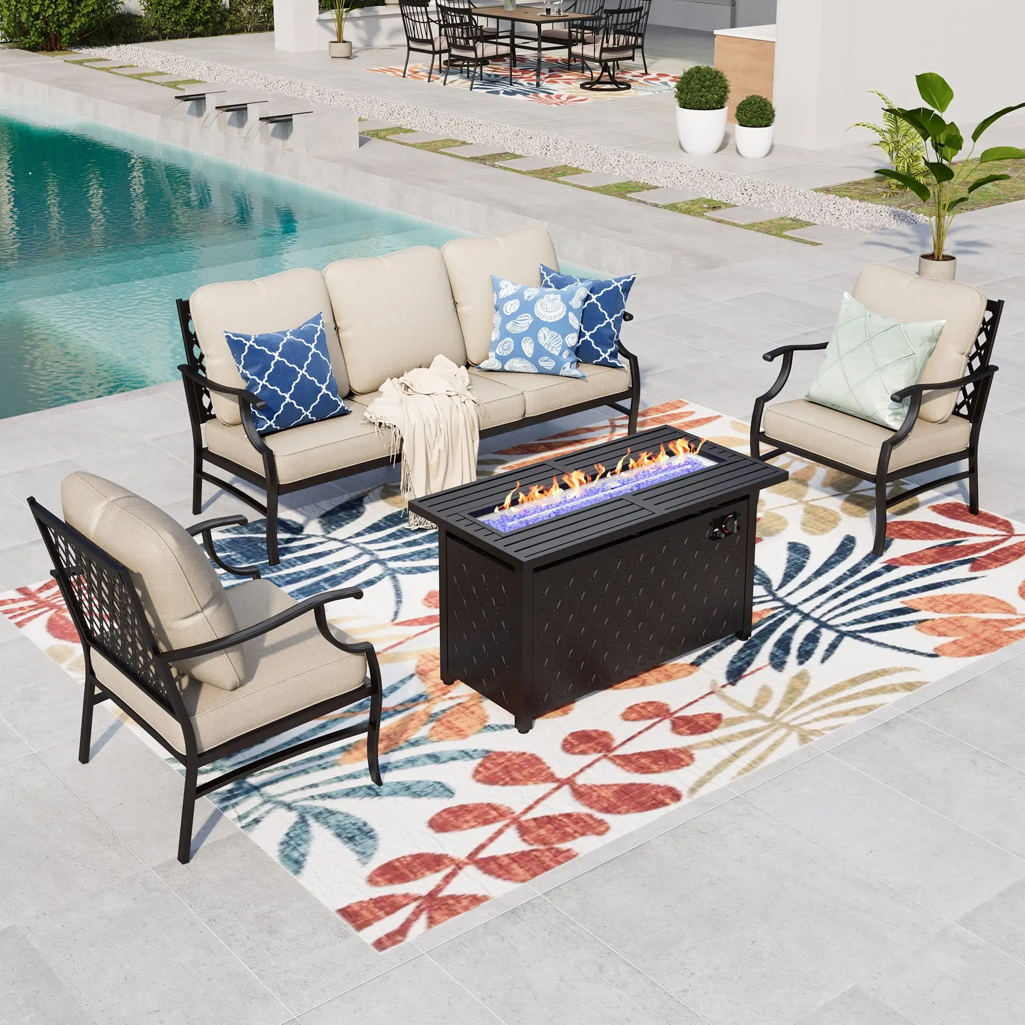 Summit Living 4 Pieces Patio Conversation Set with 45 inch Gas Fire Pit Table. Outdoor Furniture Metal Sofa Set with Beige Cushions for 5 Person