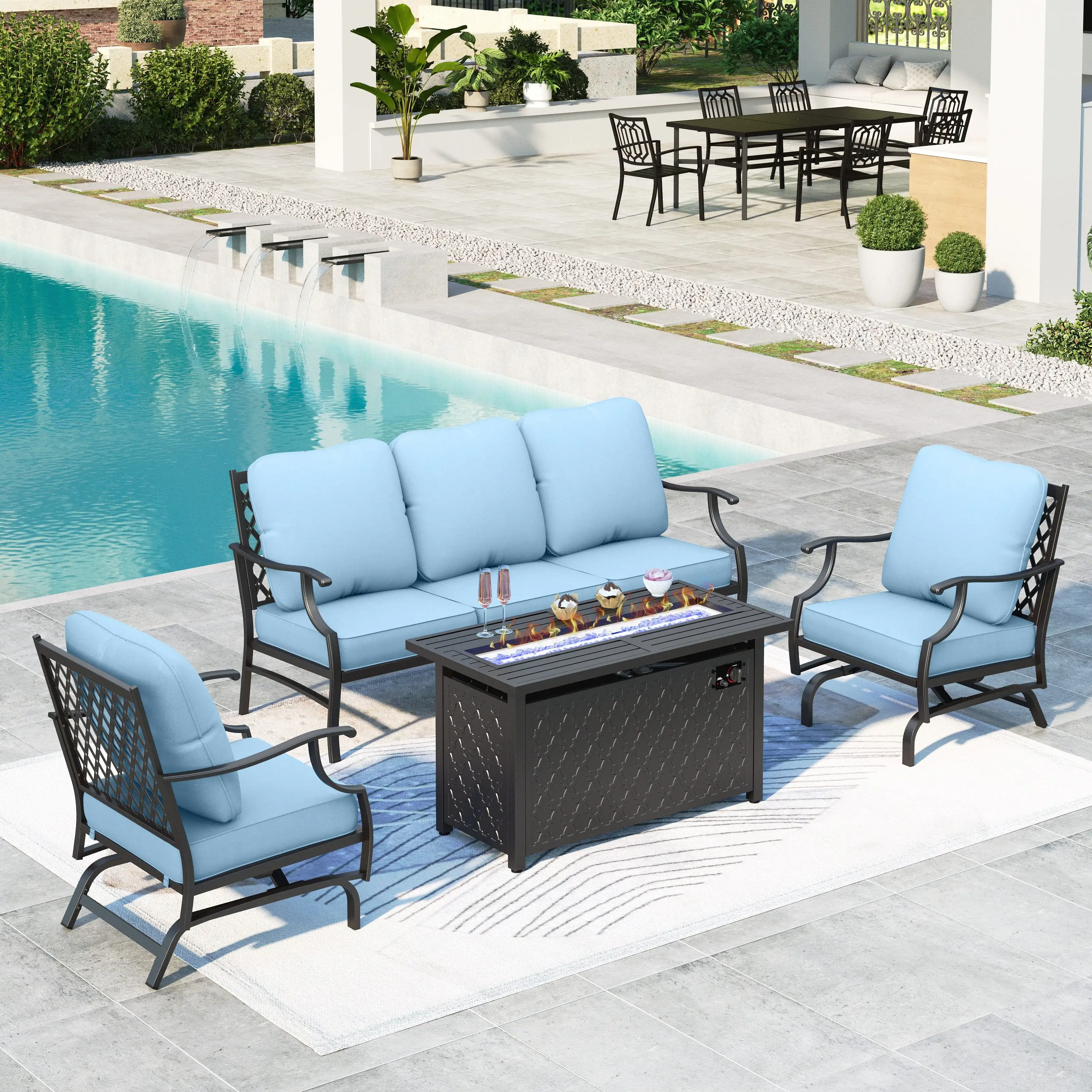 Summit Living 4 Pieces Patio Conversation Set with 45 inch Gas Fire Pit Table. Outdoor Furniture Metal Sofa Set with Beige Cushions for 5 Person