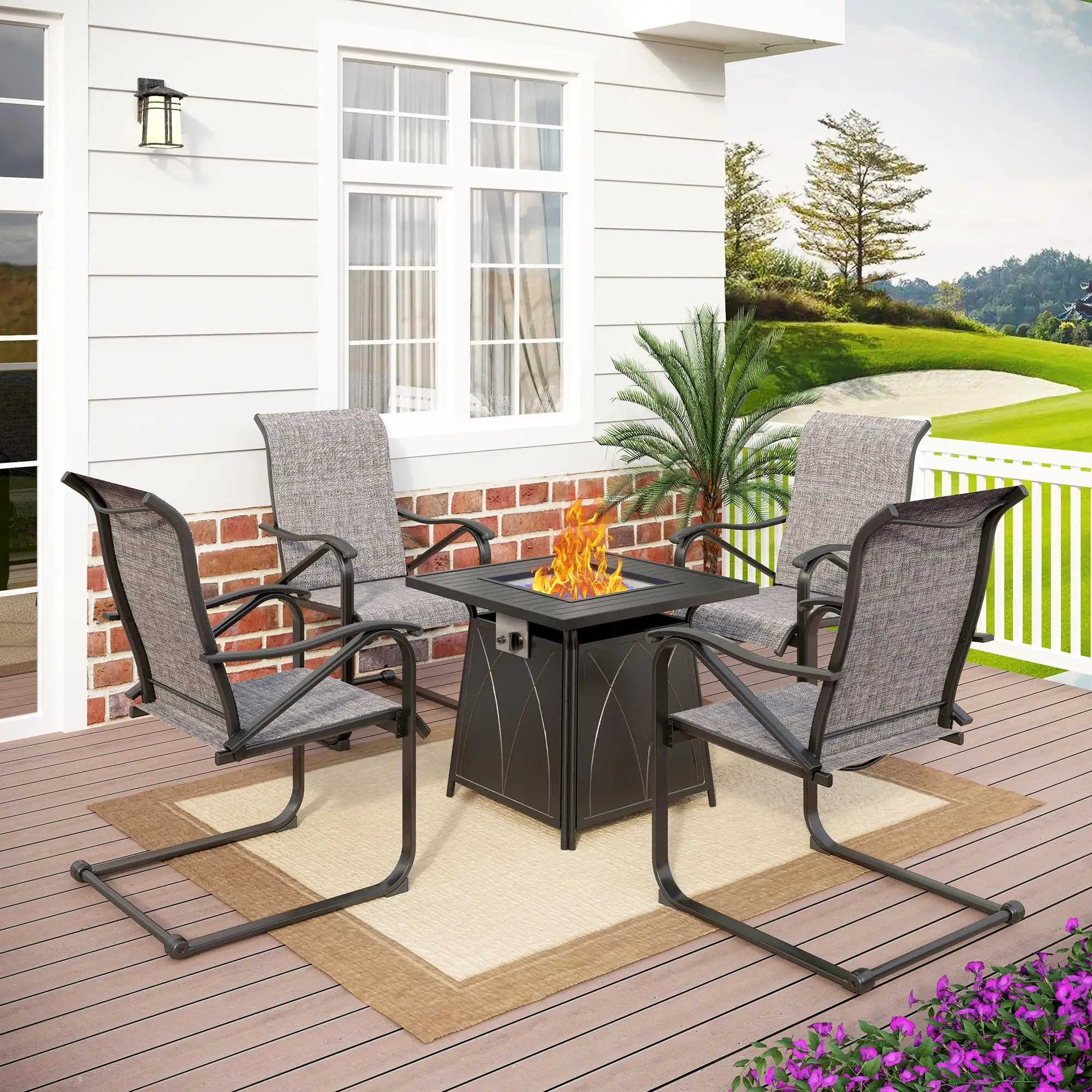 Summit Living 5-Piece Gas Fire Pit Table Set with 1 Piece 50.000 BTU Gas Fire Pit Table and 4 Pieces C Spring Textilene Chairs