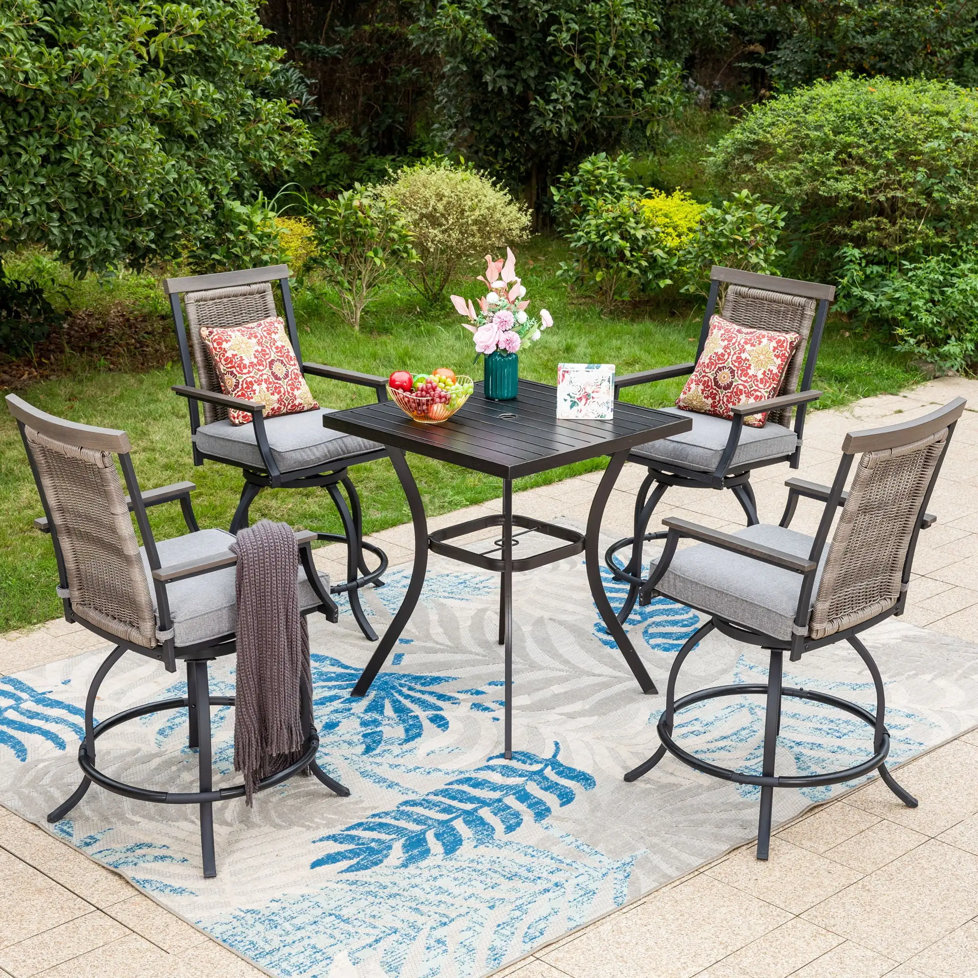 Summit Living 5-Piece Outdoor Bar Stool Set with High-Back Wicker Cushioned Swivel Chairs & Counter Height Patio Dining Table. Black & Gray