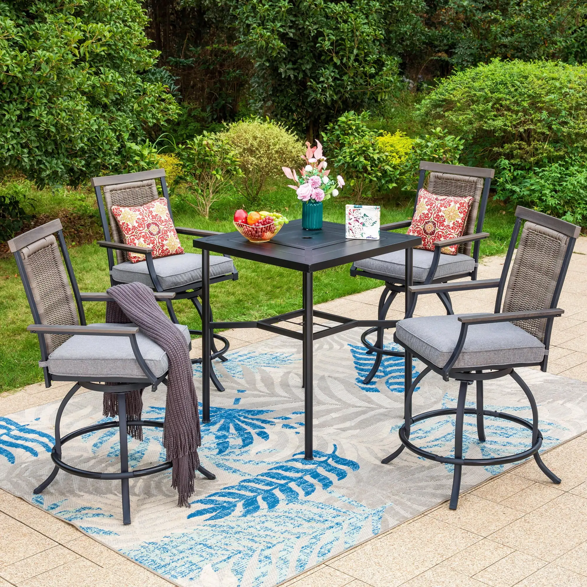 Summit Living 5-Piece Outdoor Bar Stool Set with High-Back Wicker Cushioned Swivel Chairs & Counter Height Pub Dining Table. Black & Gray