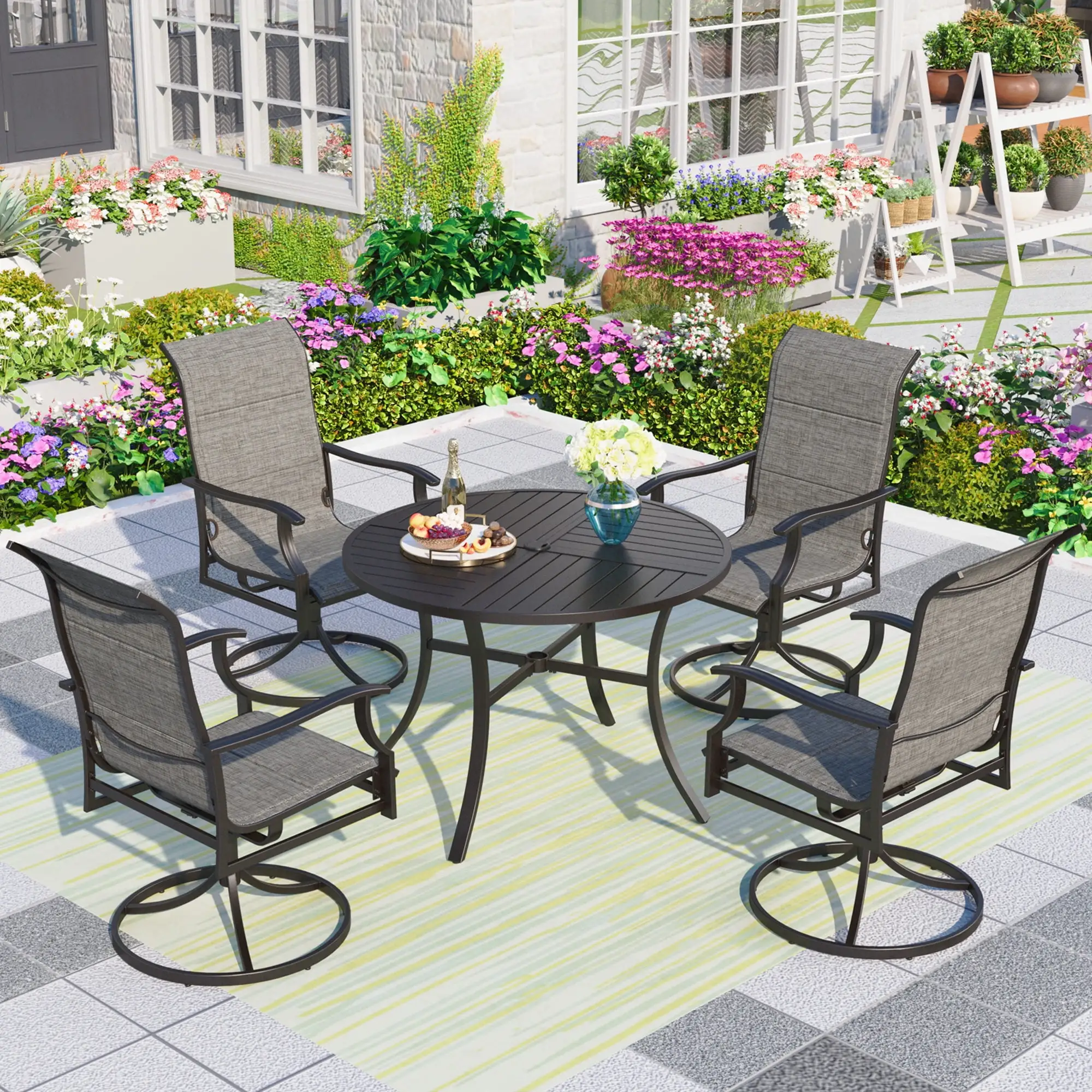 Summit Living 5-Piece Outdoor Dining Set.4 High-Back Swivel Chairs with Padded&1 Round Steel Table with Umbrella Hole.Black&Gray