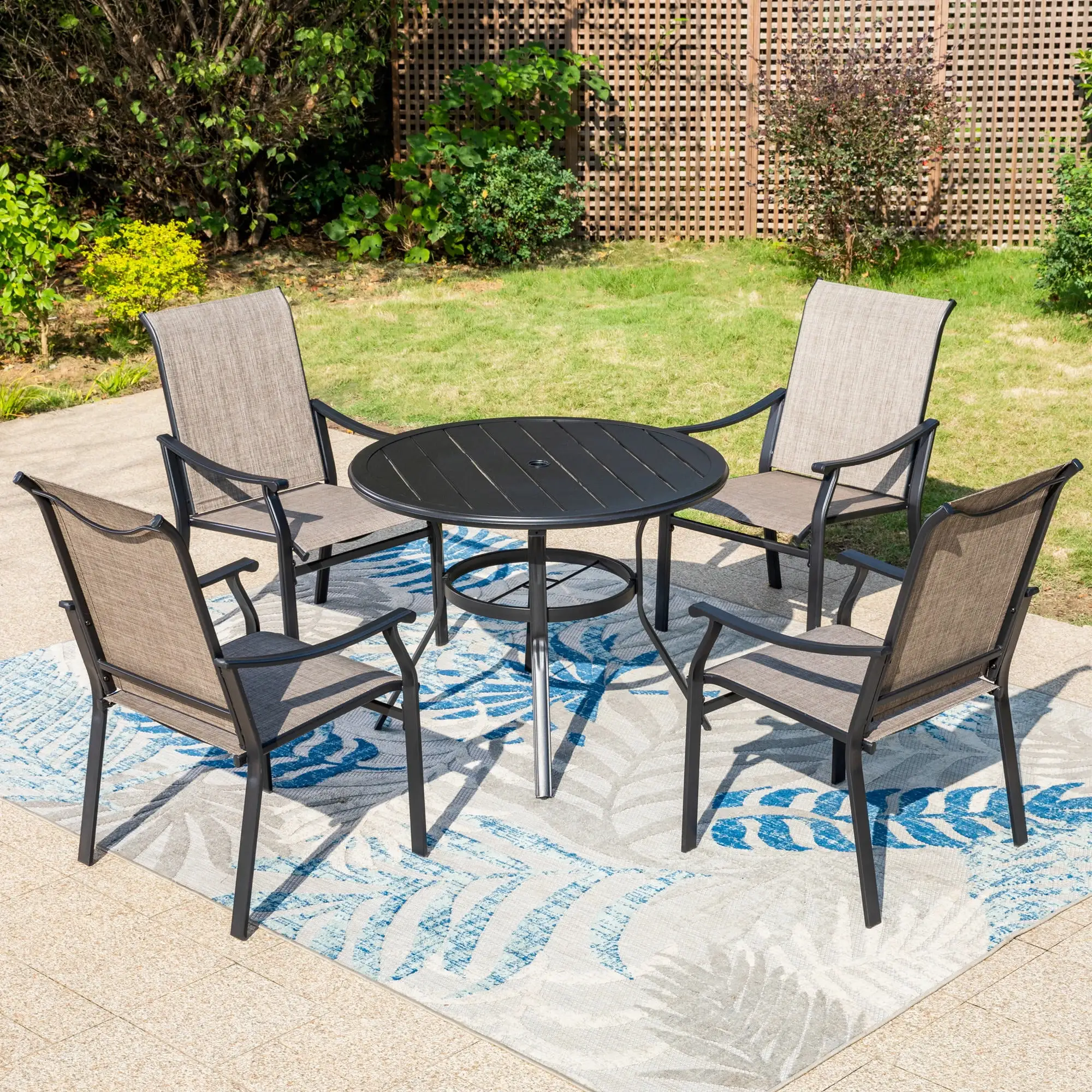 Summit Living 5-Piece Outdoor Dining Set with High-Back Textilene Chairs with & Round Table with Umbrella Hole. Black & Gray-Brown