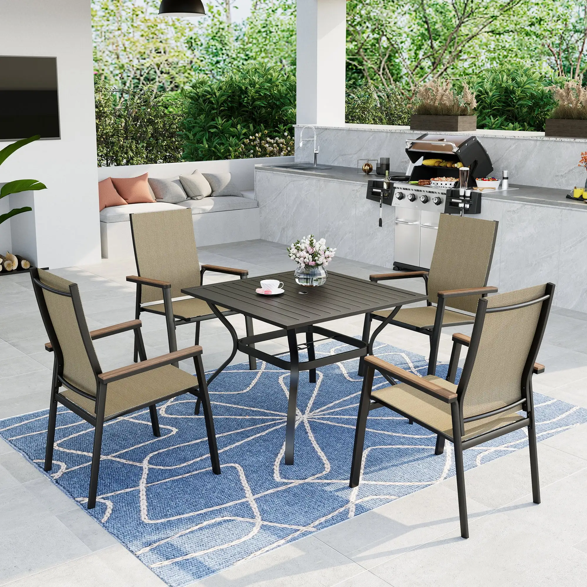 Summit Living 5-Piece Outdoor Patio Dining Set with 4 Stackable Beige Aluminum Armchairs & 1 Black Metal Steel Table with Umbrella Hole