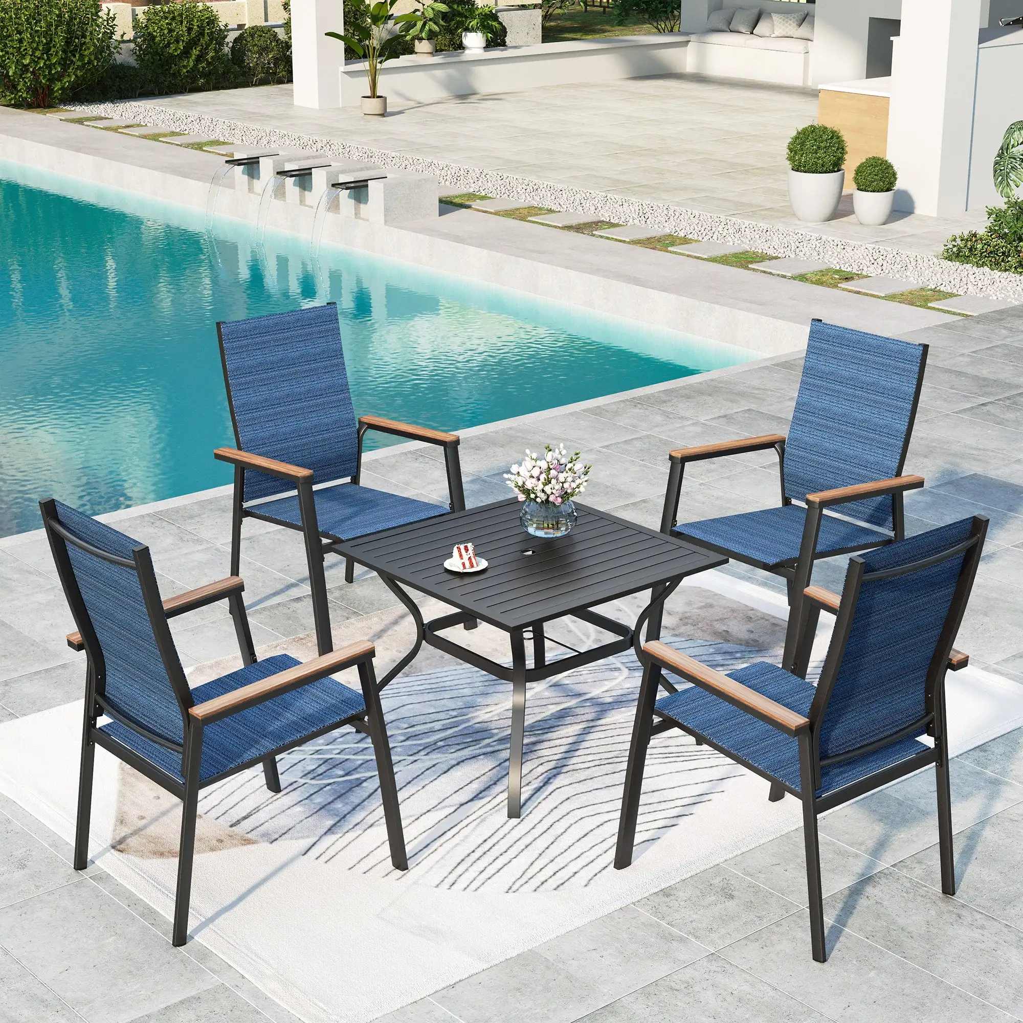 Summit Living 5-Piece Outdoor Patio Dining Set with 4 Stackable Blue Aluminum Armchairs & 1 Black Metal Steel Table with Umbrella Hole