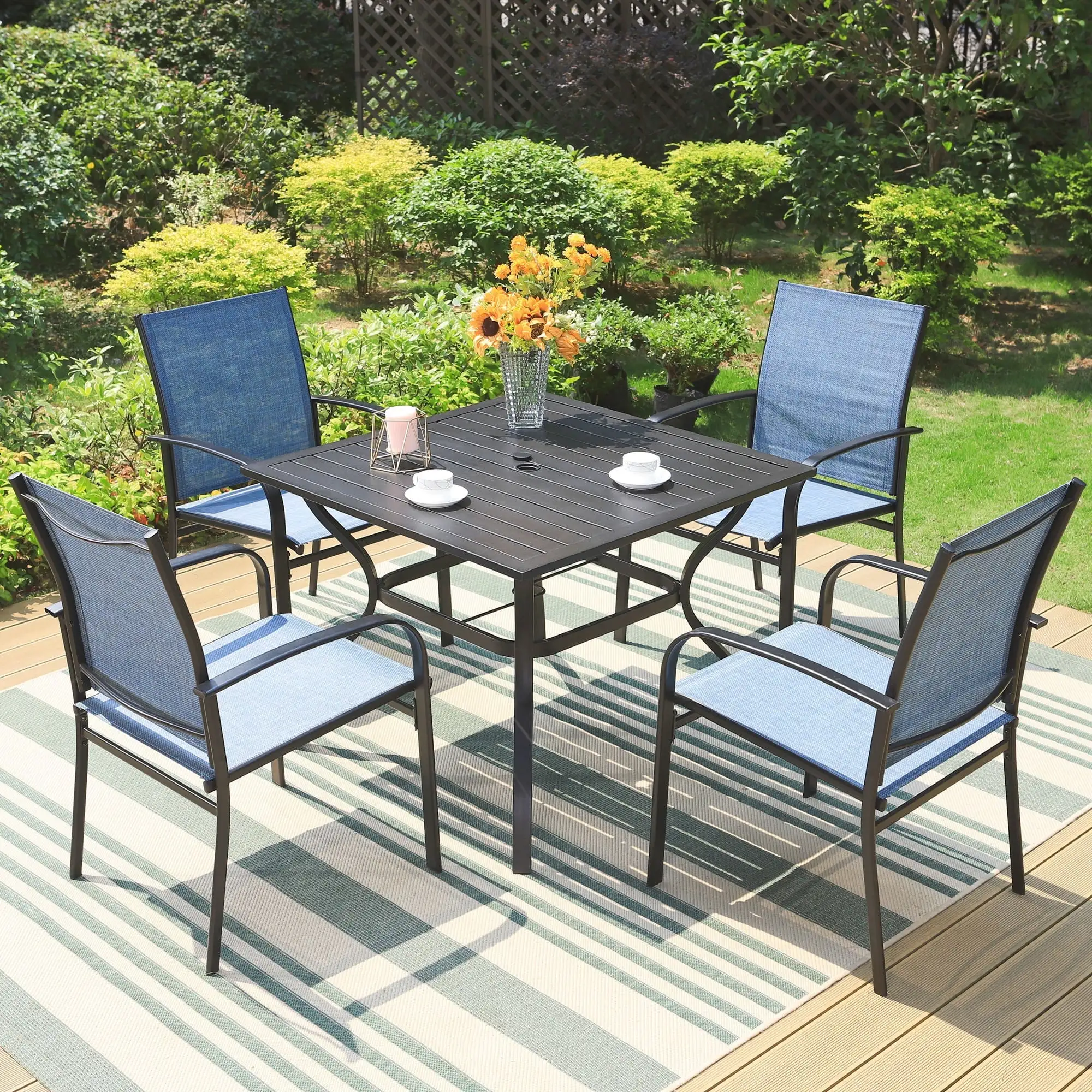 Summit Living 5-Piece Outdoor Patio Dining Set with 4 Textilene Chairs & 1 Table. All-Weather. Black & Blue