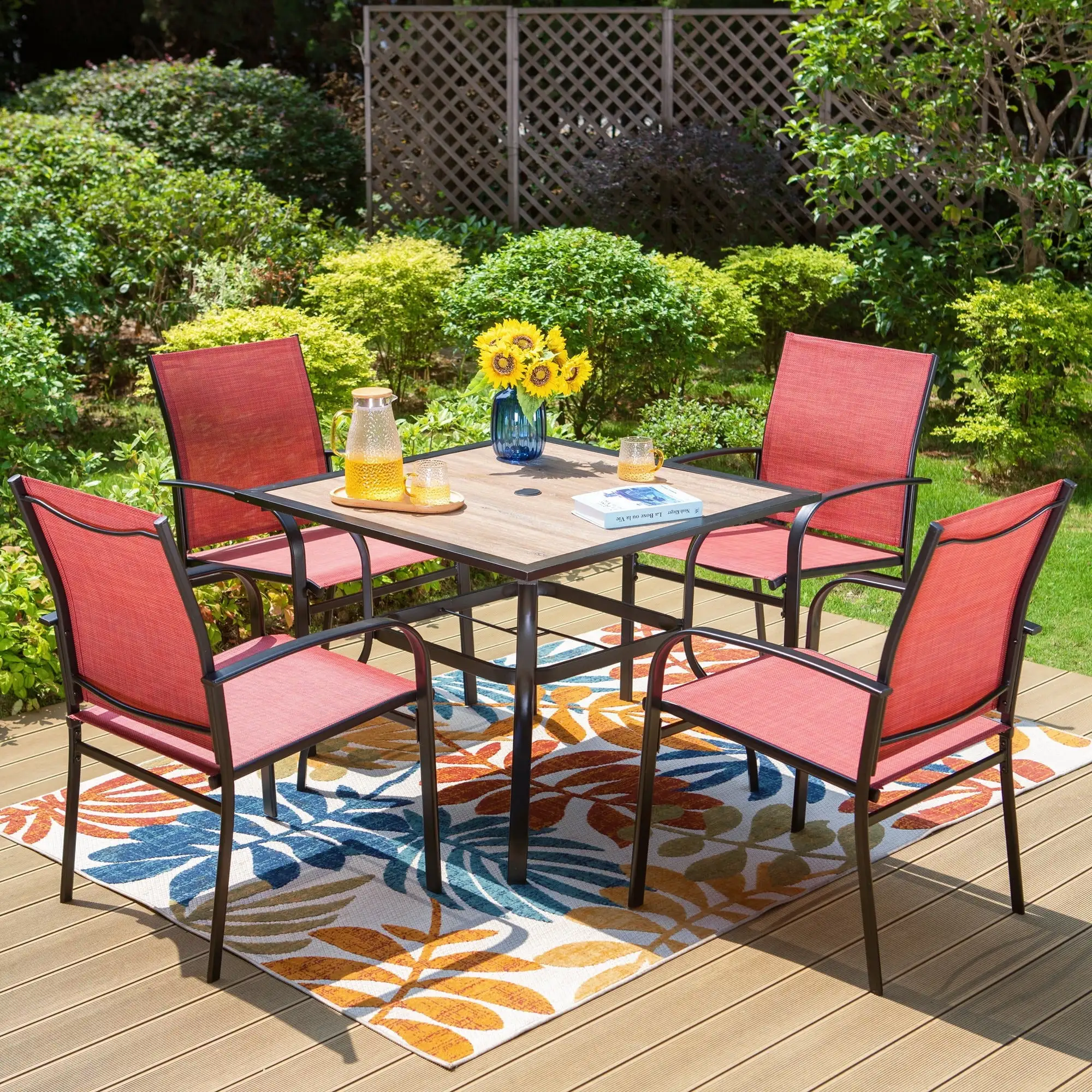 Summit Living 5-Piece Outdoor Patio Dining Set with Textilene Chairs & Wood Grain Table. Black & Red