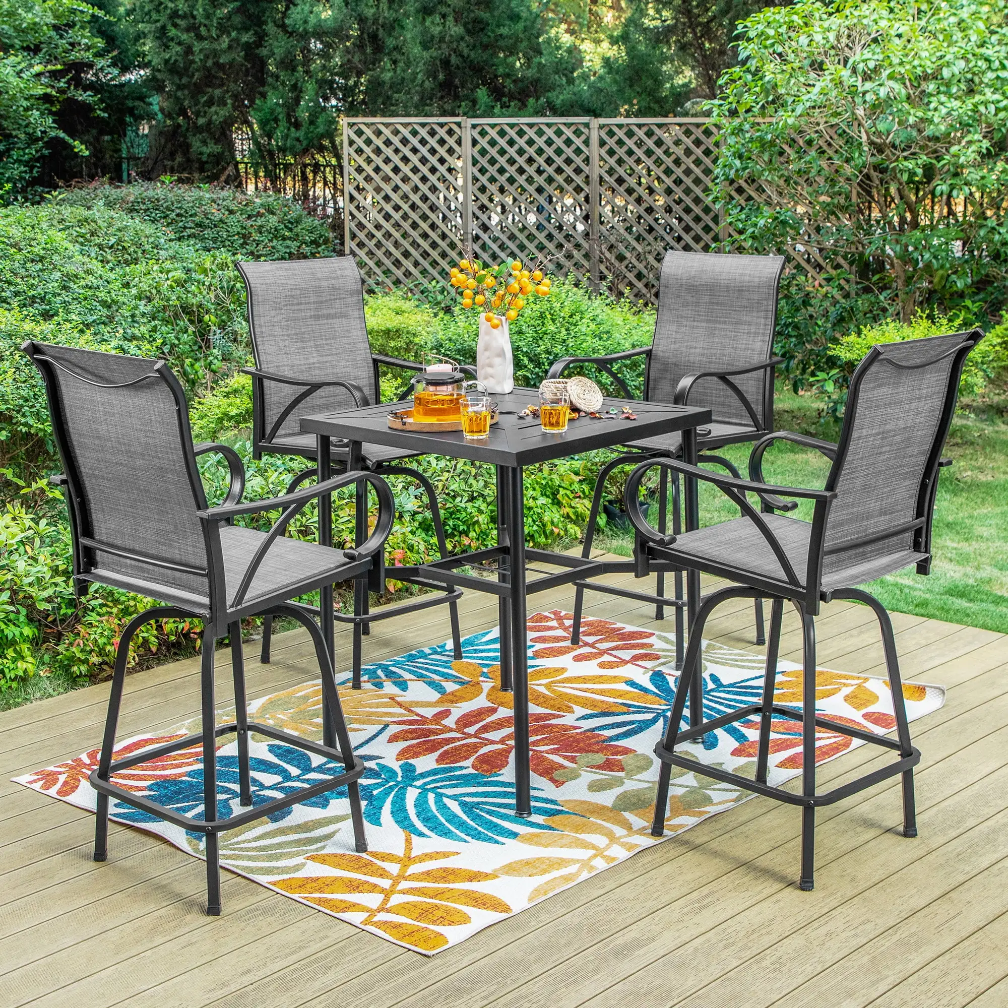 Summit Living 5-Piece Outdoor Patio Swivel Bar Stool Dining Set with 4 High Back Textilene Chairs with Armrest&1 Metal Bistro Bar Table.Black&Grey