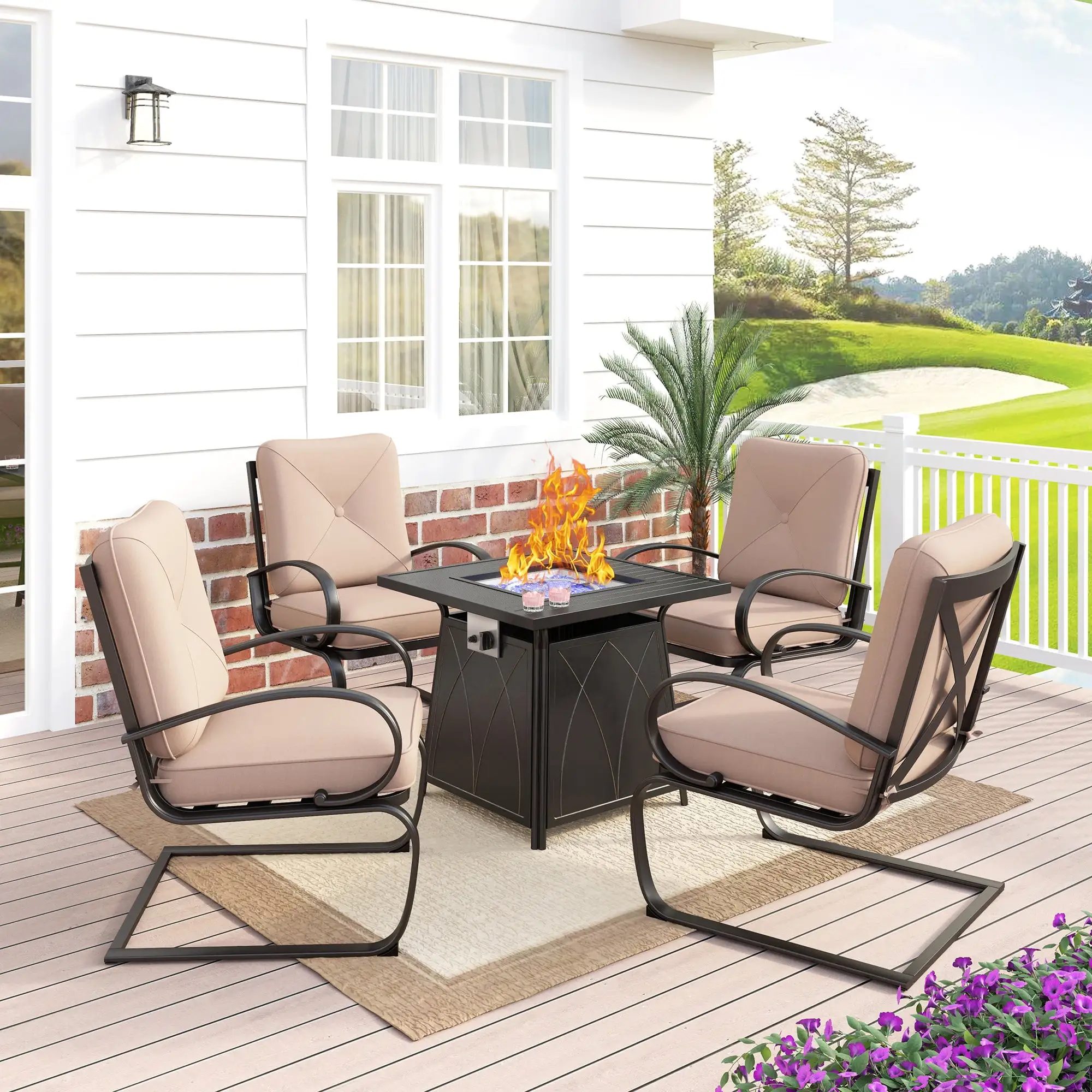 Summit Living 5 Piece Patio Furniture Set with Fire Pit Table.4 C Spring Steel Chairs with Thick Cushions&1 28 Gas Fire Pit Table 50000 BTU.Black and Cream