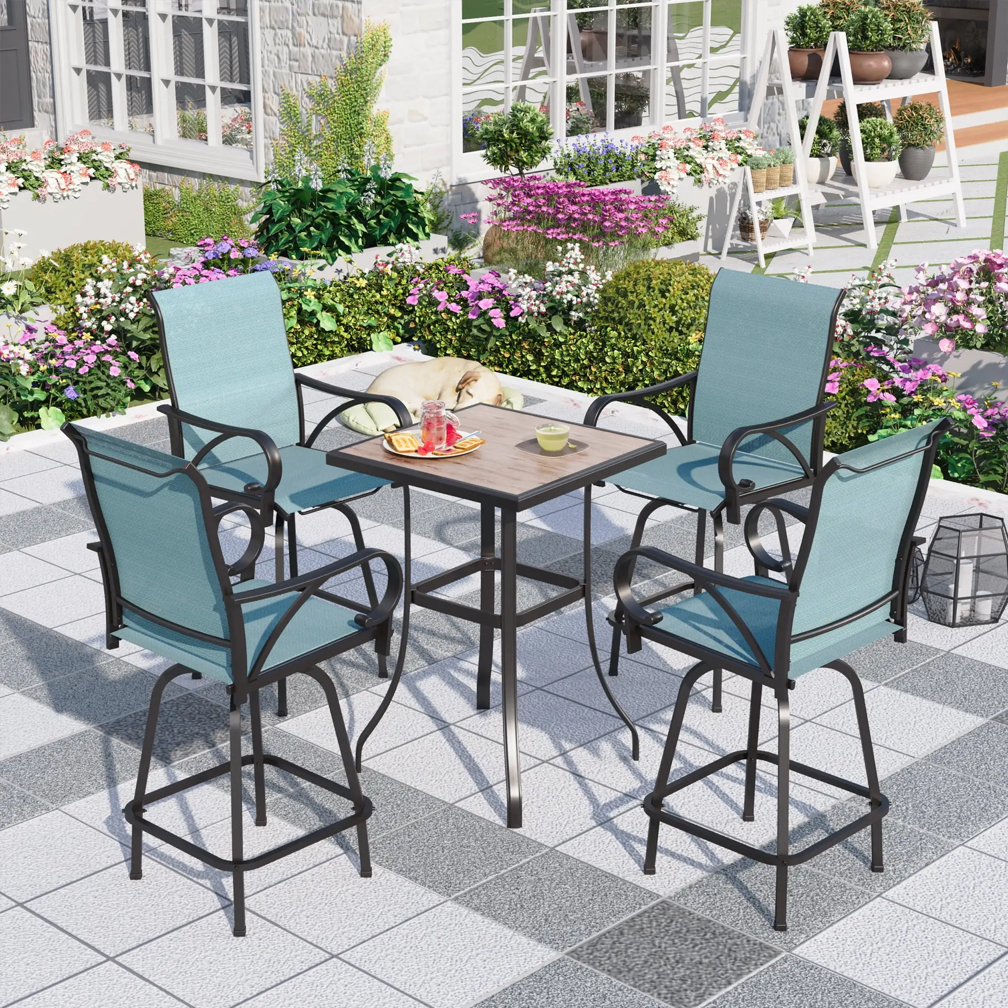 Summit Living 5 Pieces Outdoor Patio Swivel Bar Stool Dining Set.4 Metal High-Back Height Chairs and 1 Bar Table.Turquoise Blue