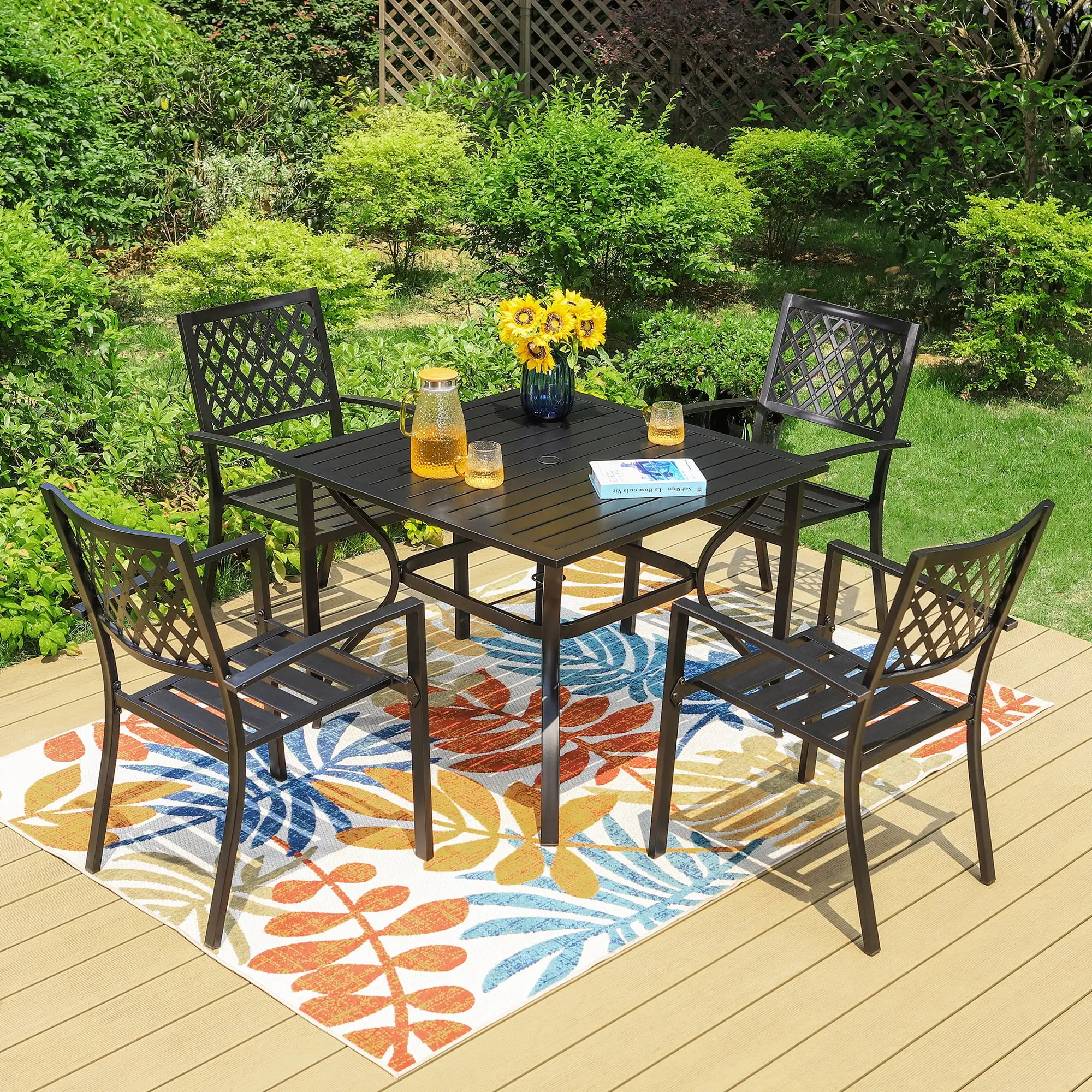 Summit Living 5 Pieces Patio Dining Sets Outdoor Metal All Weather Furniture Sets with Umbrella Hole. Black