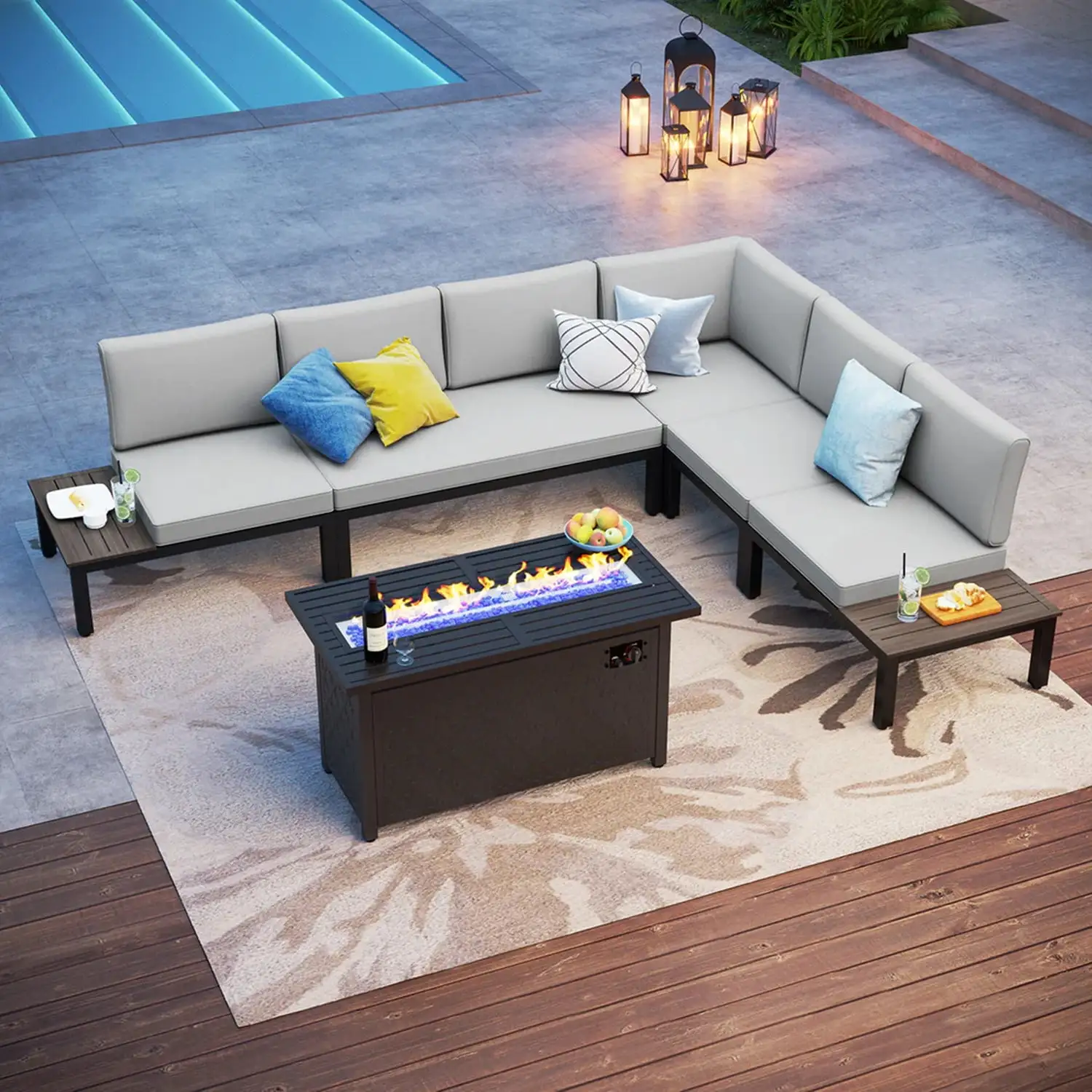 Summit Living 6 Piece Outdoor Patio Furniture Set with Fire Pit Tabel Beige