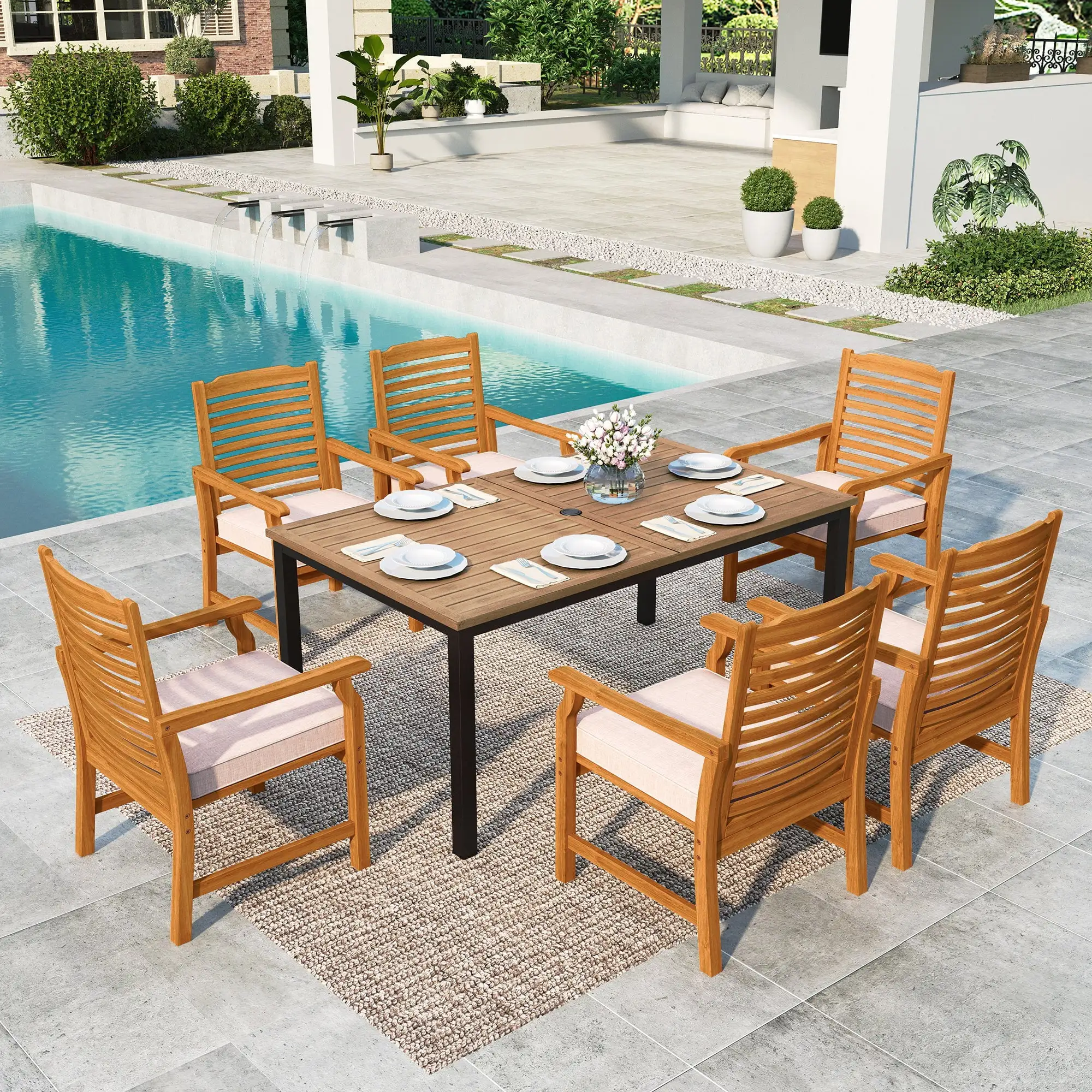 Summit Living 7-Piece Acacia Wood Outdoor Patio Dining Set with 6 Chairs with Cushions & 1 Metal Steel Dining Table