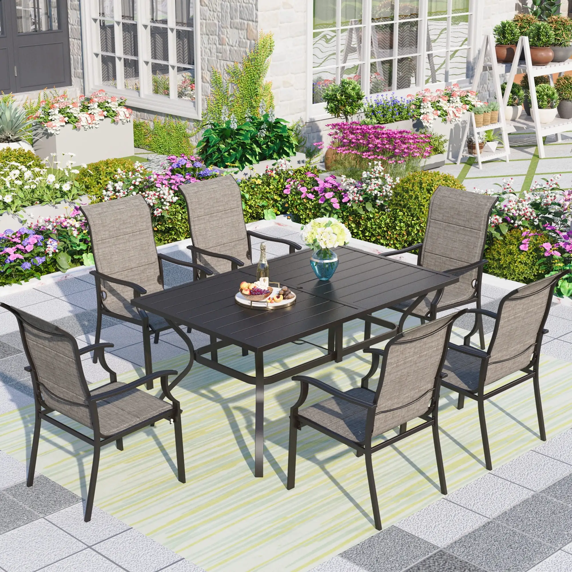 Summit Living 7-Piece Outdoor Dining Set with High-Back Padded Chairs for 6-Person. Umbrella Support. Black & Gray