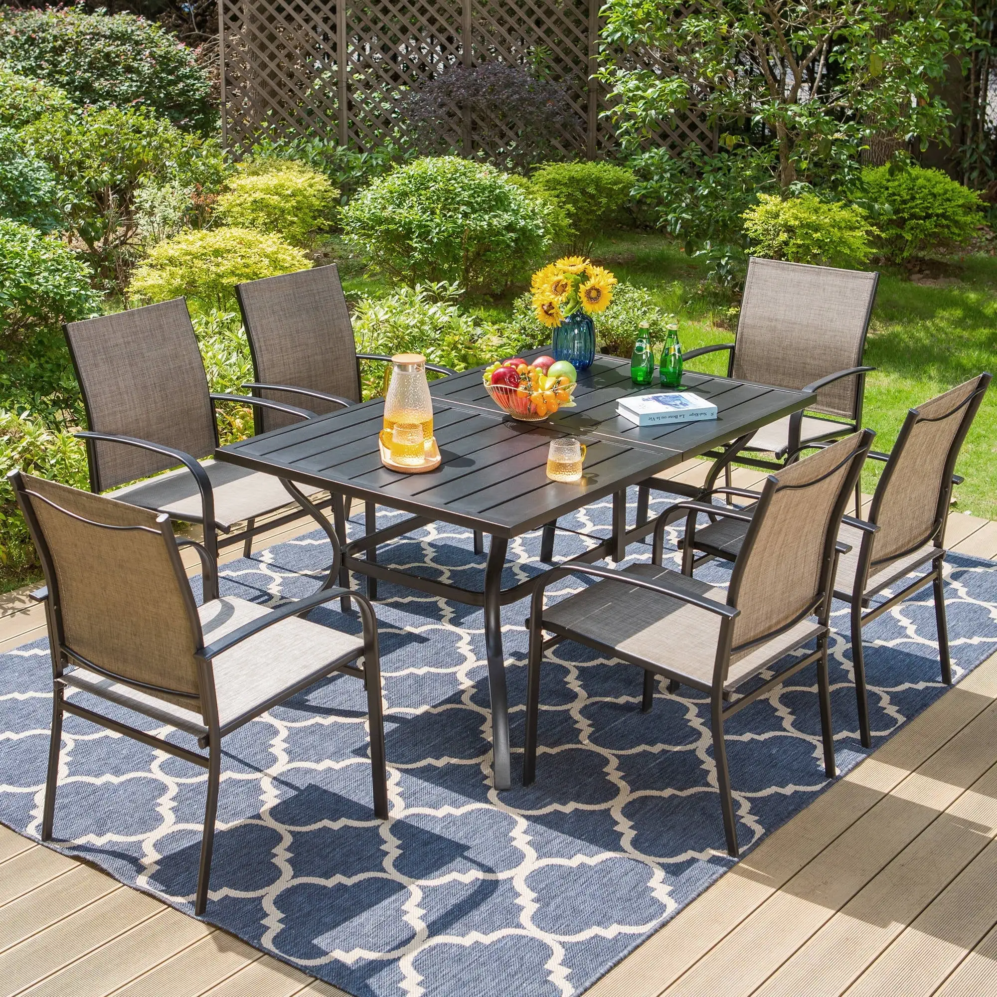 Summit Living 7-Piece Outdoor Dining Set with Textilene Chairs & Umbrella Support. Black & Brown