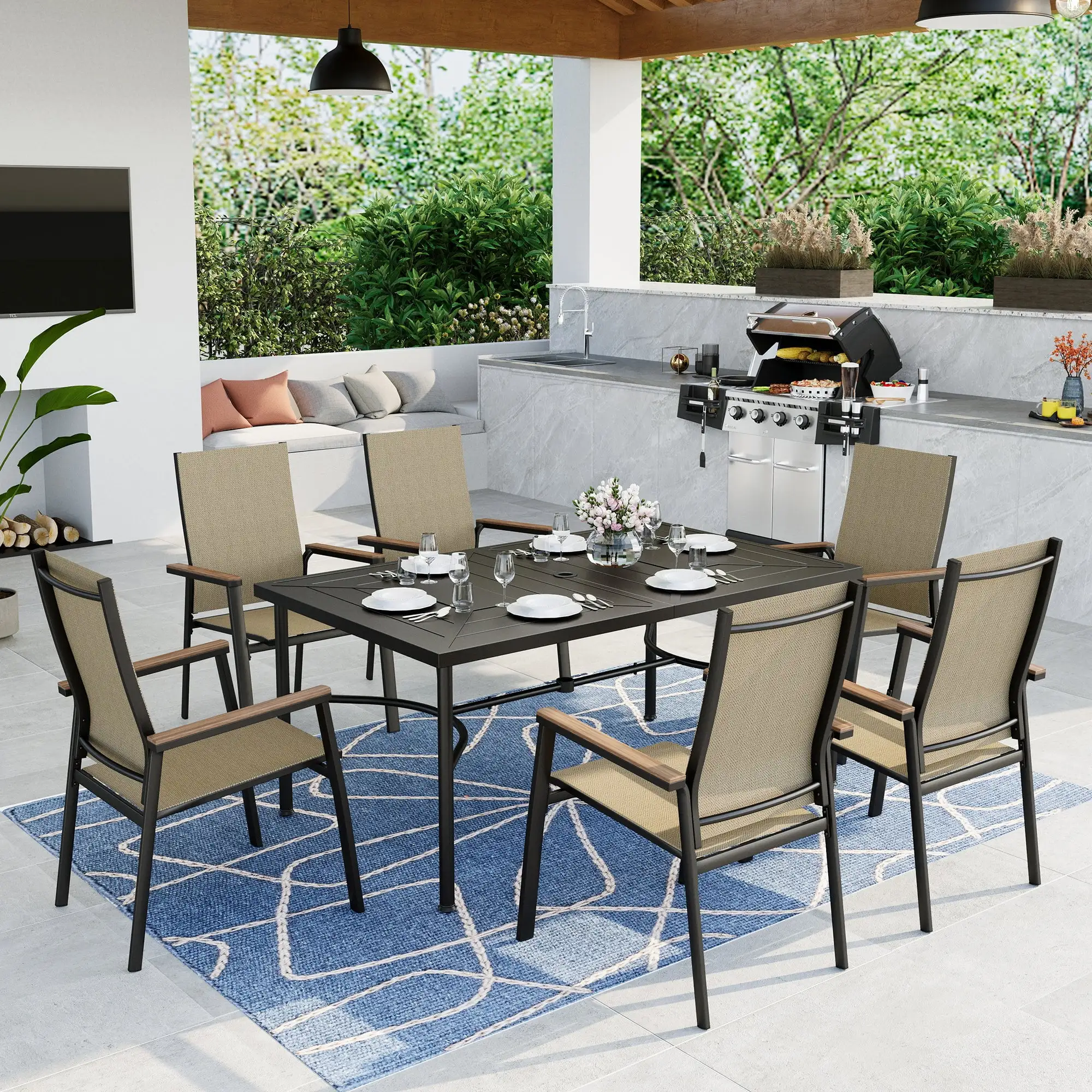 Summit Living 7-Piece Outdoor Patio Dining Set with 6 Stackable Beige Aluminum Armchairs & 1 Black Metal Steel Rectangular Table with Umbrella Hole